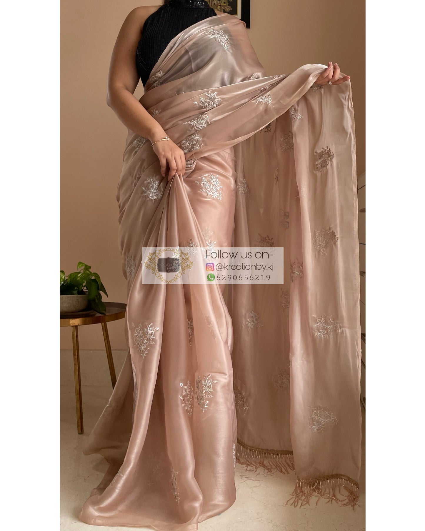 Beige Glass Organza Saree with Embroidery kreationbykj