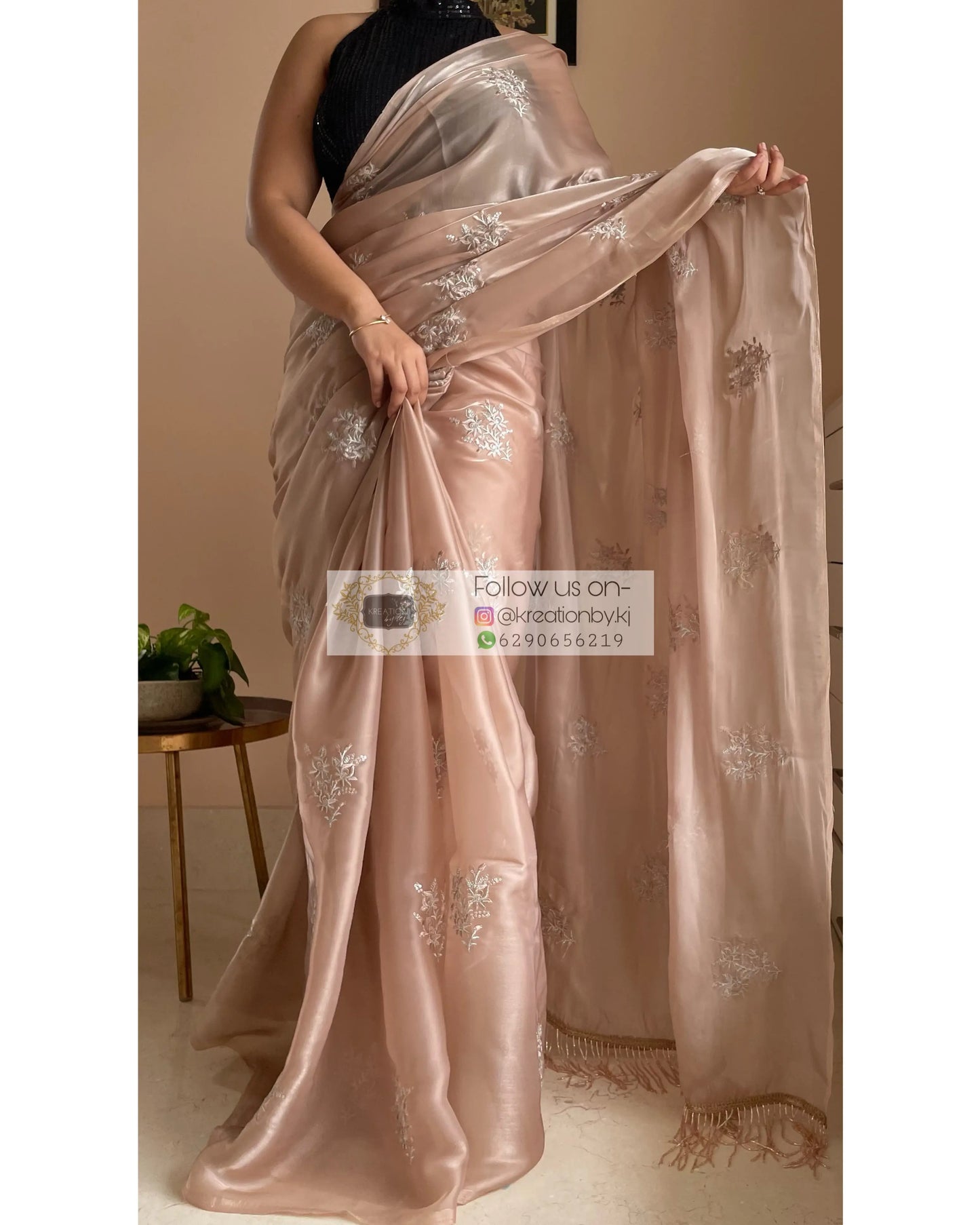 Beige Glass Organza Saree with Embroidery kreationbykj