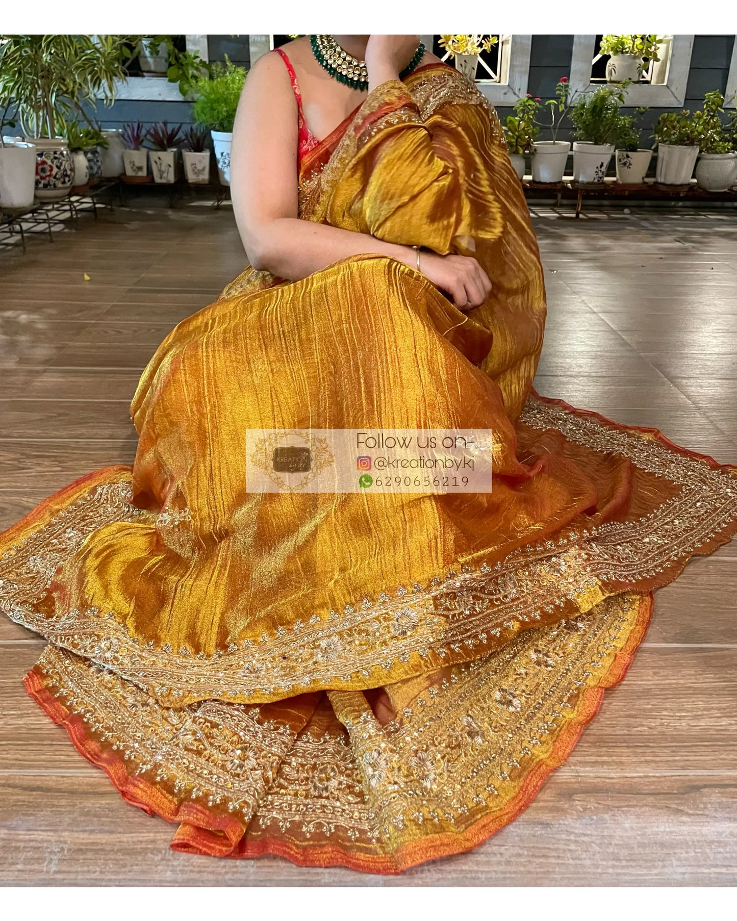 Fiery Gold Zari Tissue Zarina Saree kreationbykj
