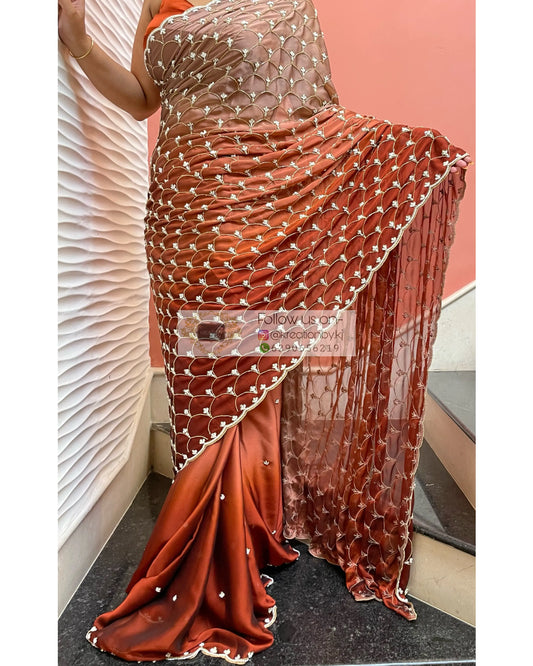 Espresso Martini Ombré Cutdana Mehraab Jaal  Designer Saree kreationbykj