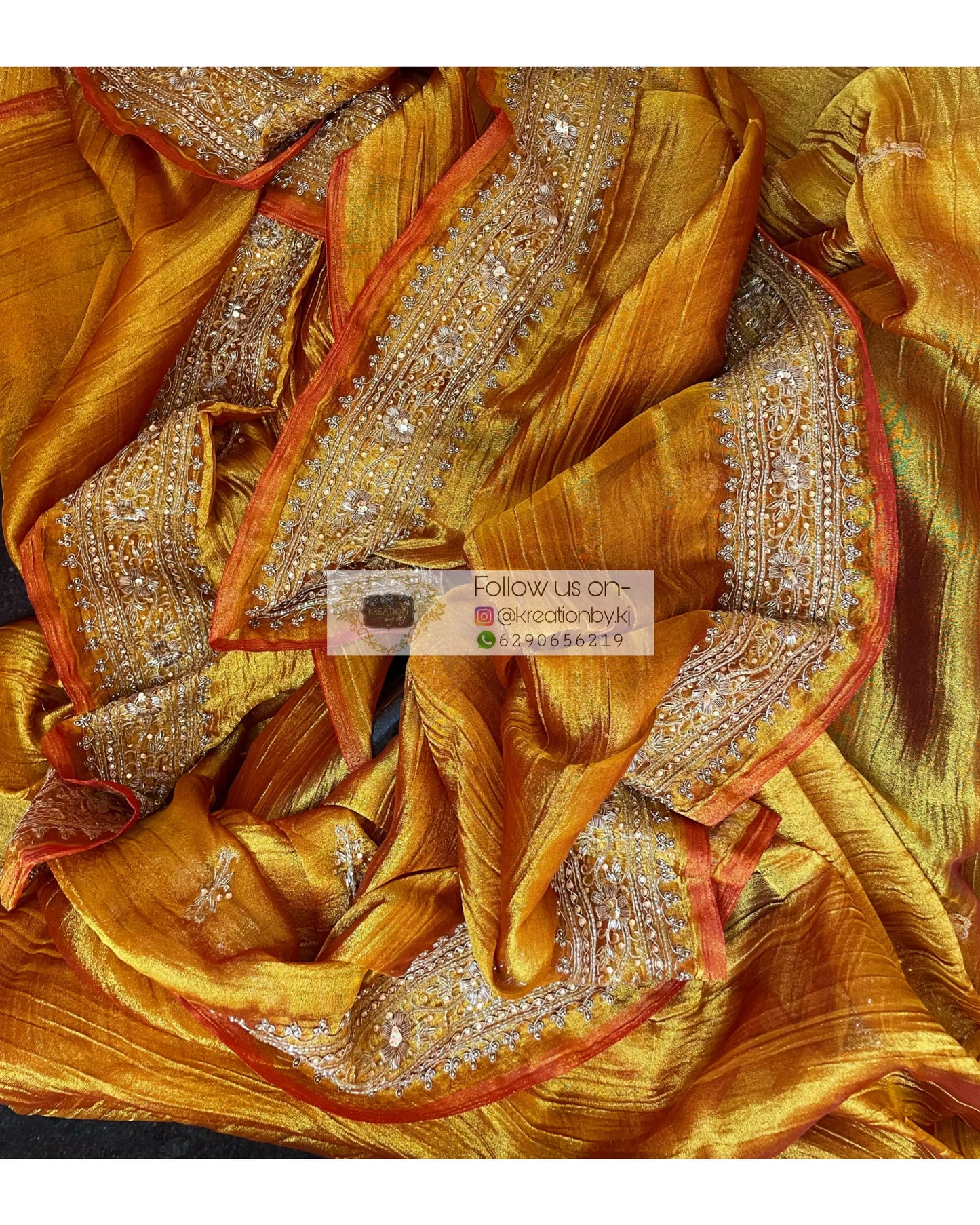Fiery Gold Zari Tissue Zarina Saree kreationbykj