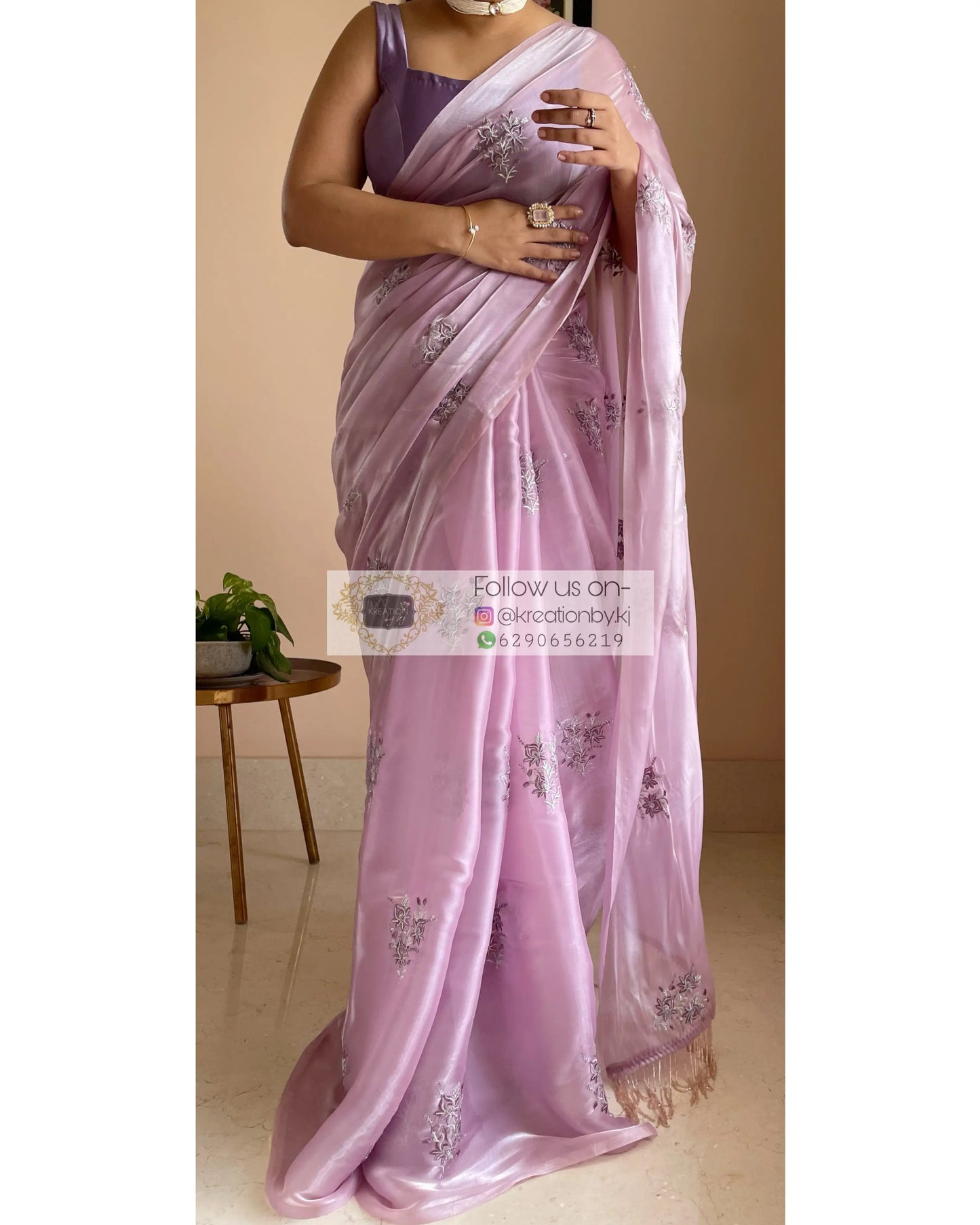 Lilac Glass Organza Saree with Embroidery kreationbykj