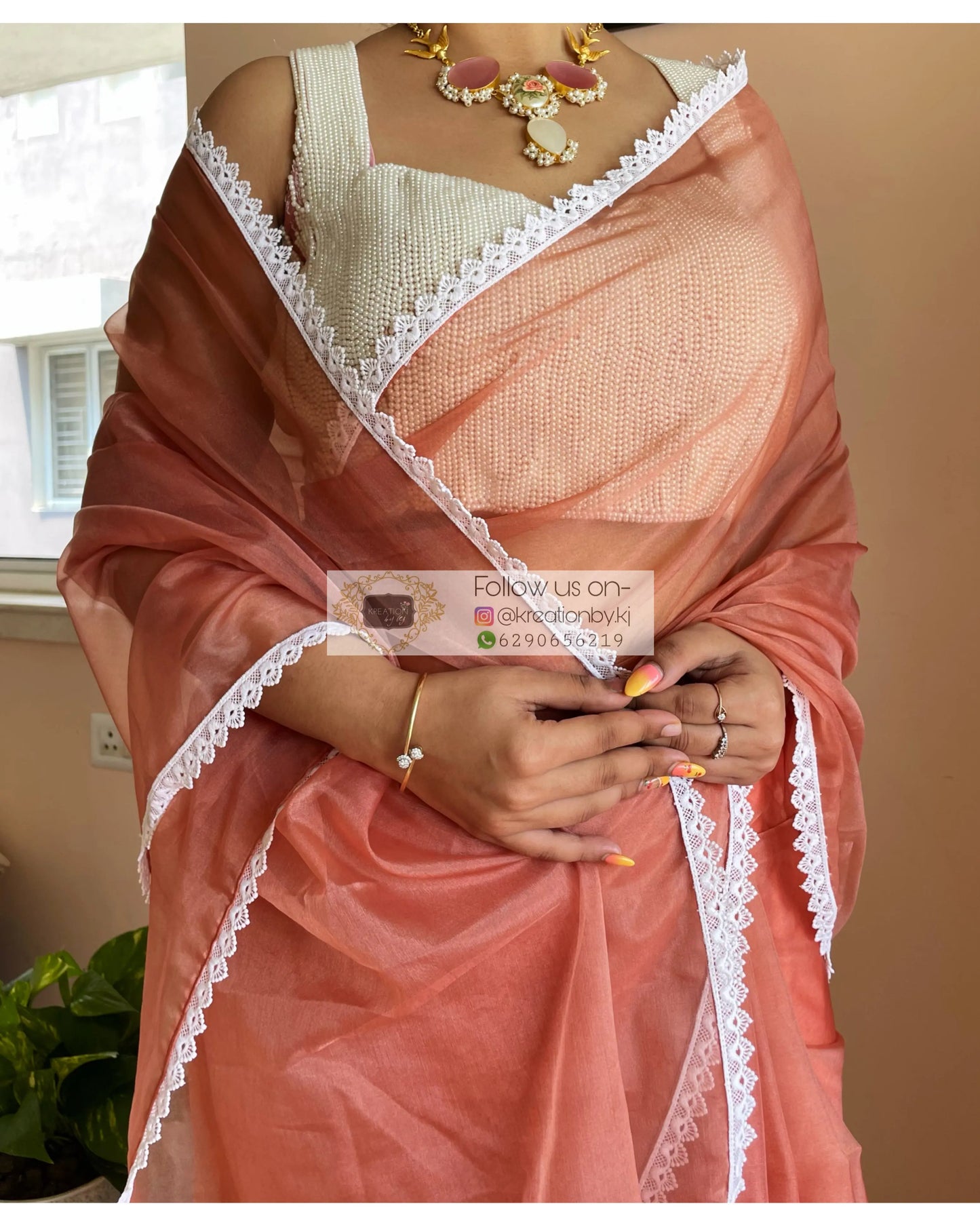 Rust Organza Saree with Pearl Blouse Piece kreationbykj