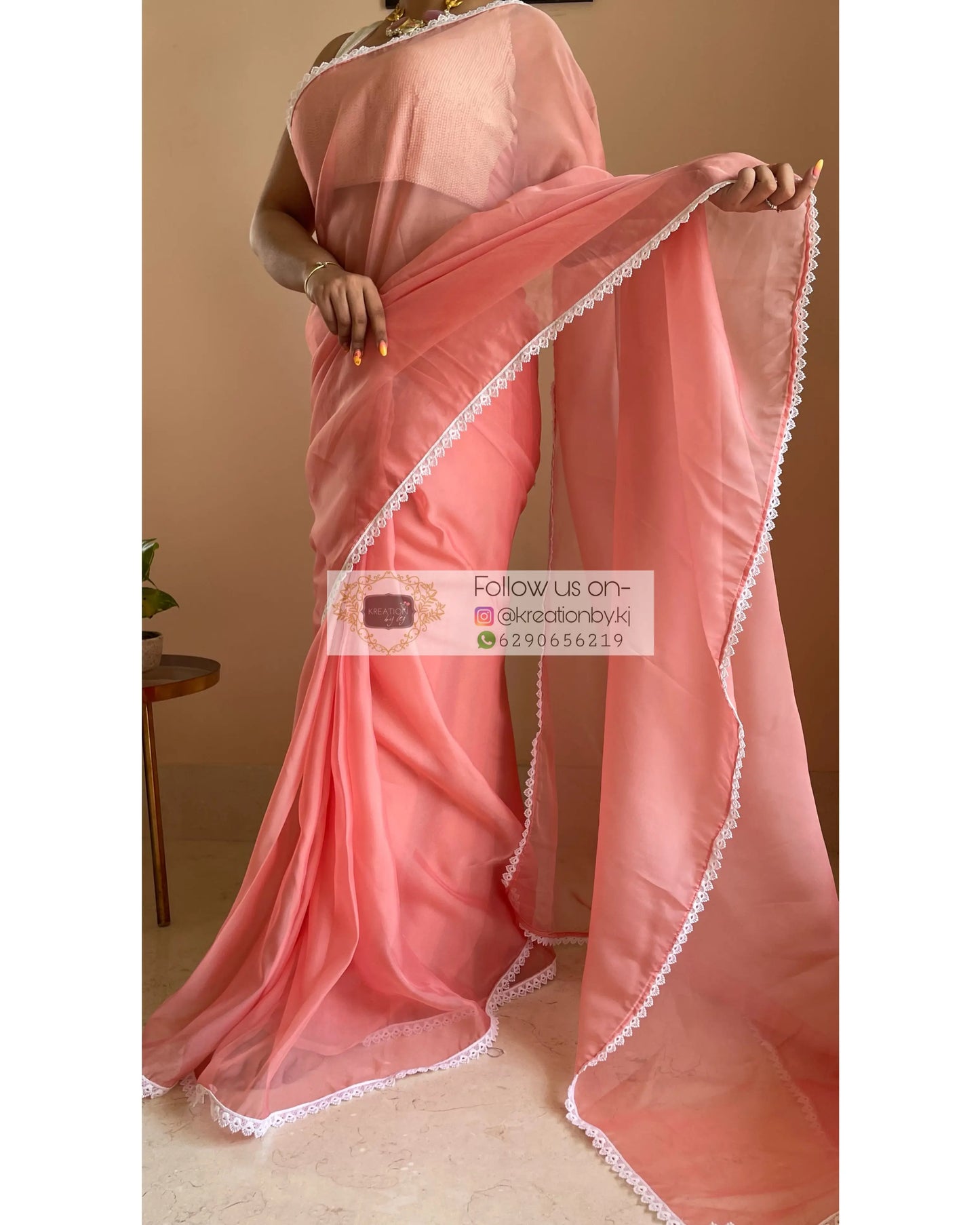 Peach Organza Saree with Pearl Blouse Piece kreationbykj