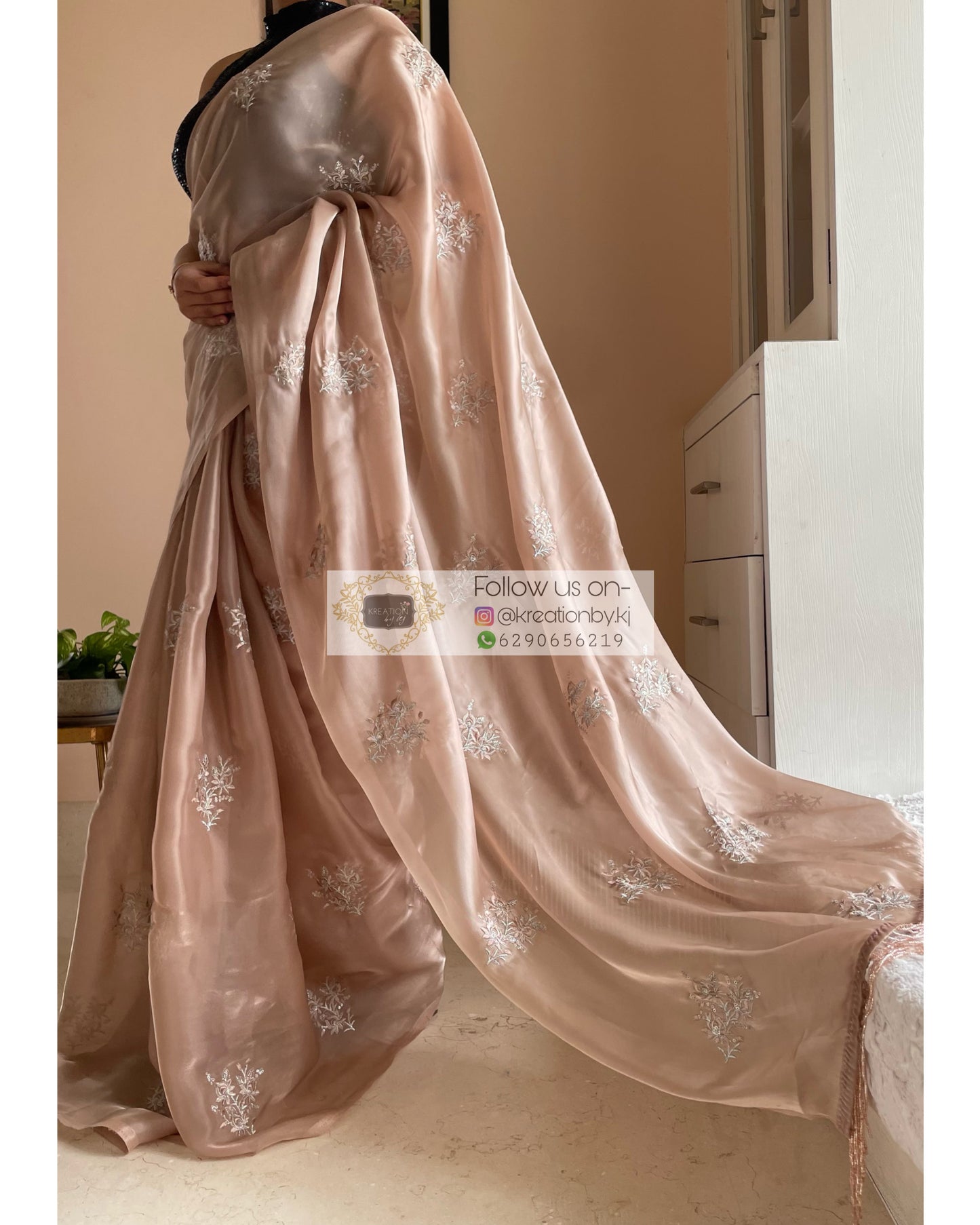 Beige Glass Organza Saree with Embroidery kreationbykj