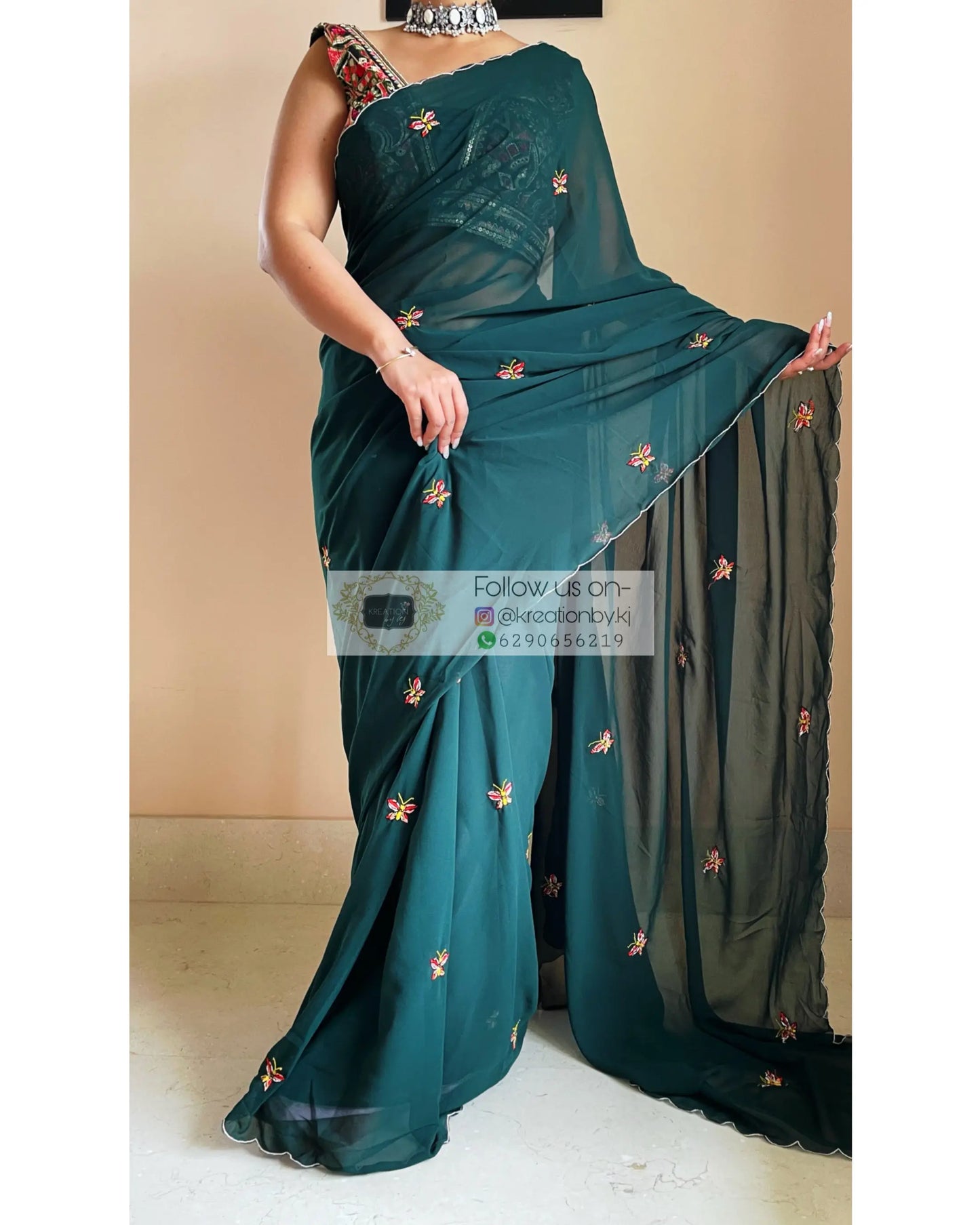 Bottle Green Butterflies on A Fence Saree - kreationbykj
