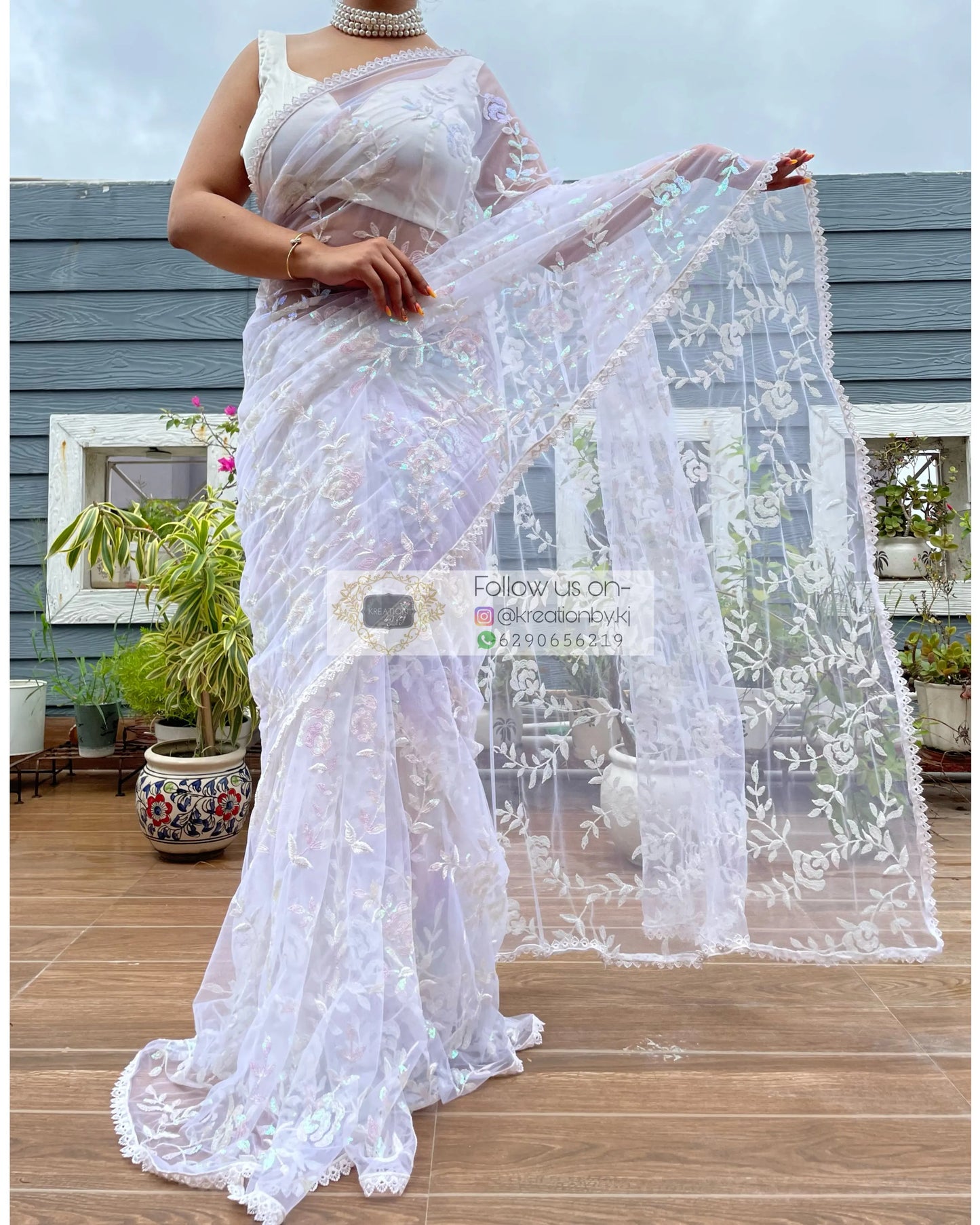White Bahar e Gul Net Saree kreationbykj