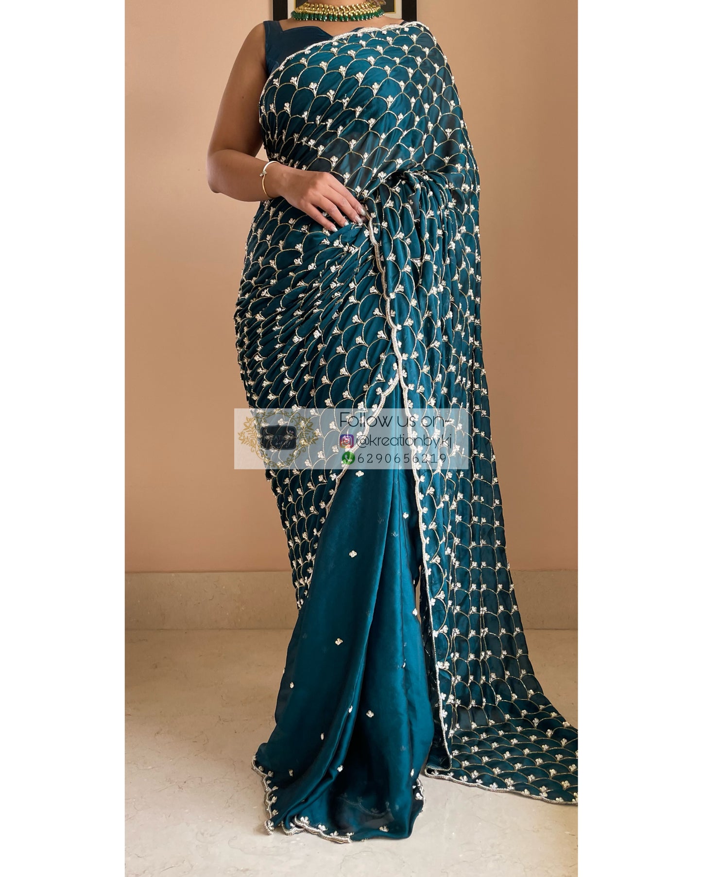 Teal Mehraab Cutdana Jaal Saree - kreationbykj