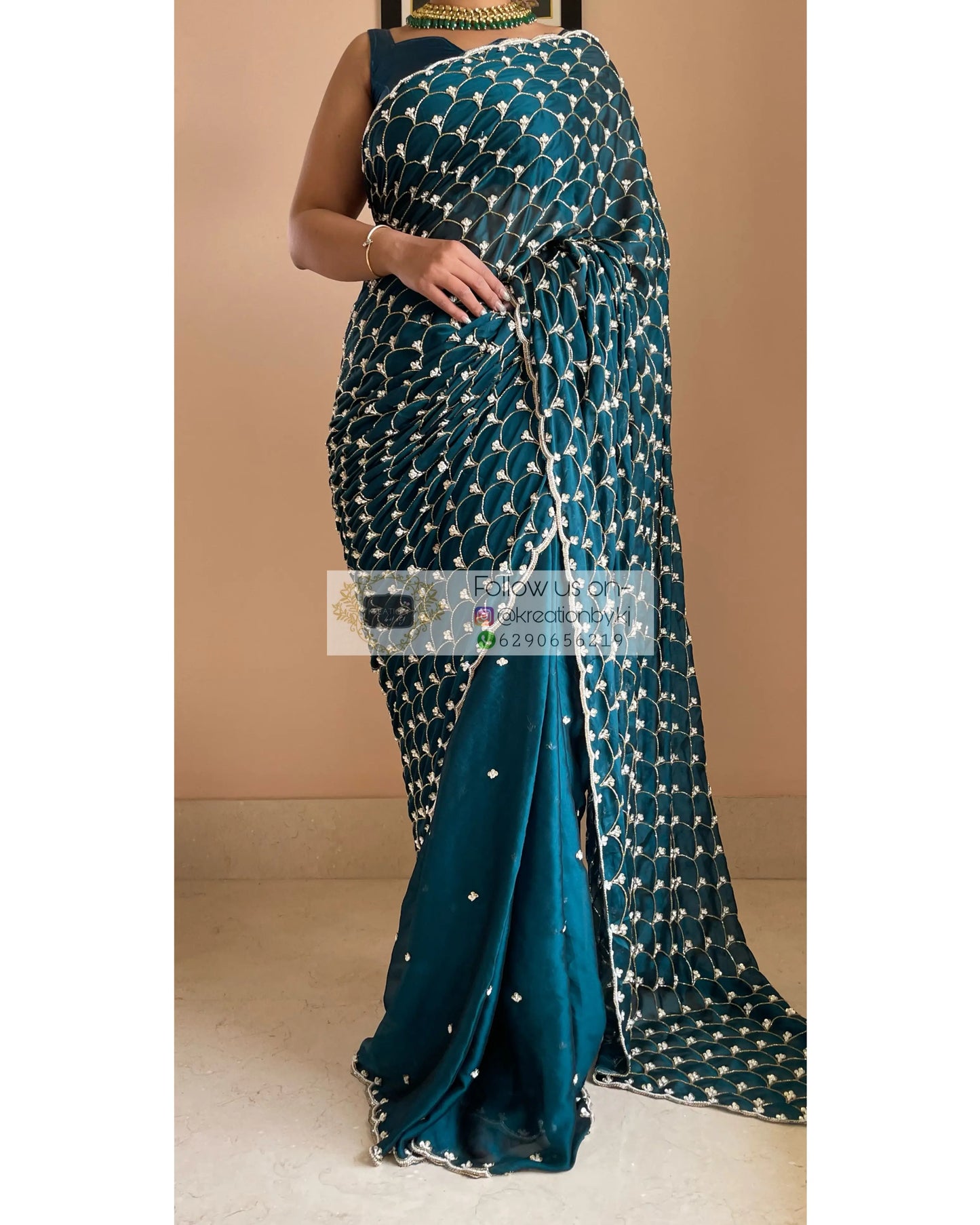 Teal Mehraab Cutdana Jaal Saree - kreationbykj