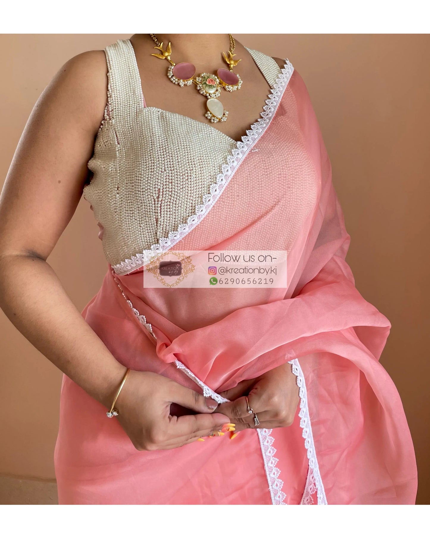 Peach Organza Saree with Pearl Blouse Piece kreationbykj