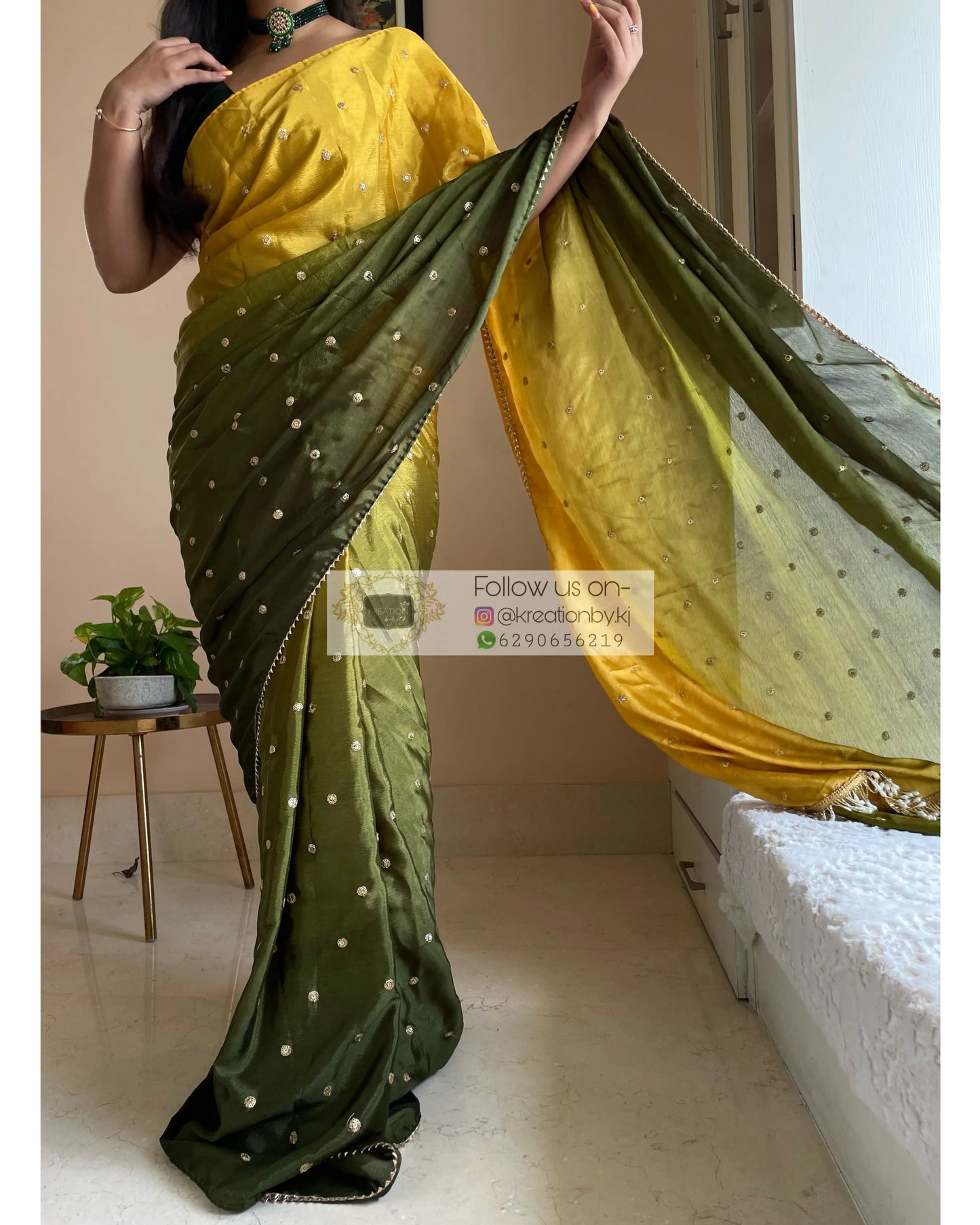 Yellow Green Ombré Sequins Boota Saree kreationbykj