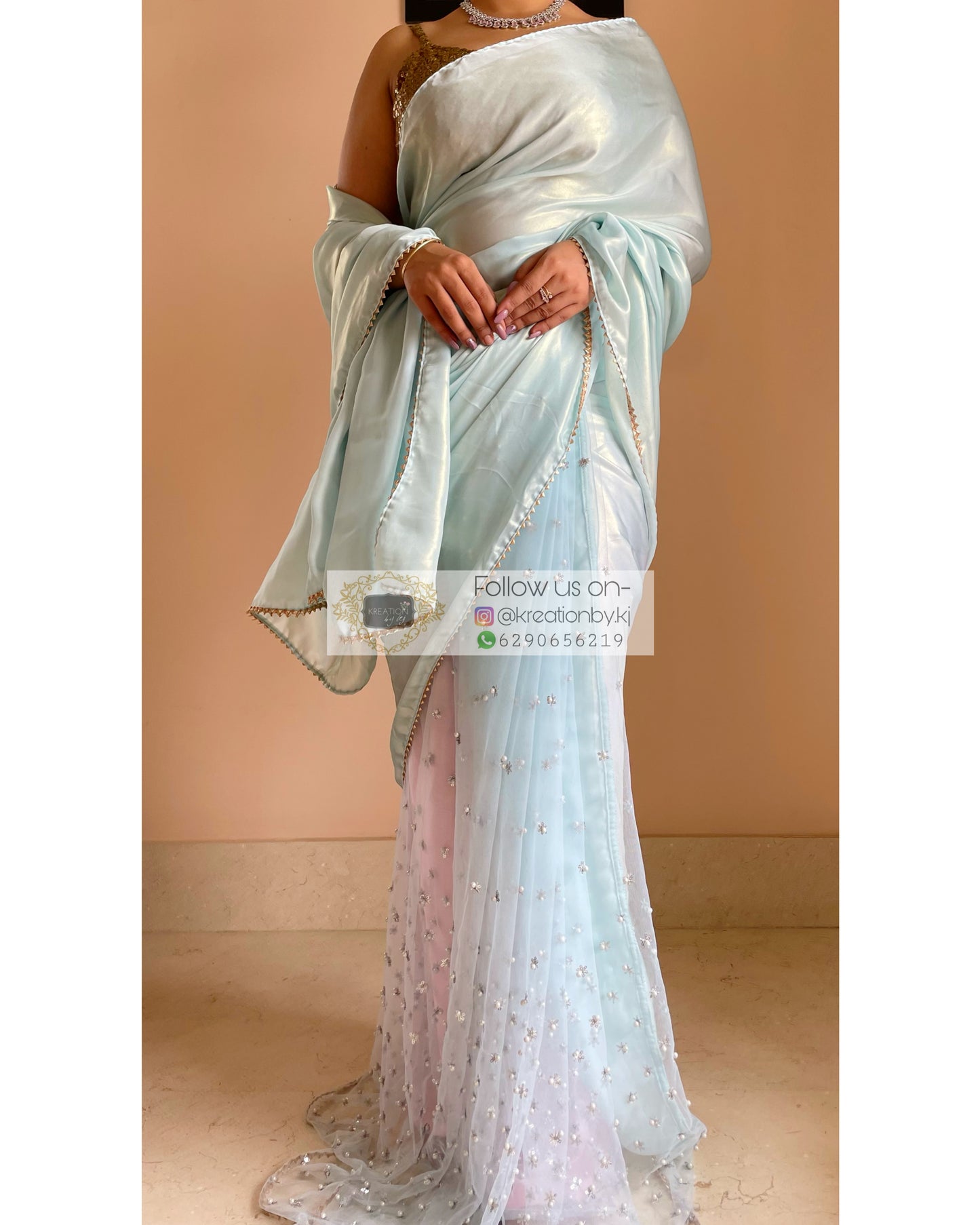 Ice Blue Shimmer Sequins Saree - kreationbykj