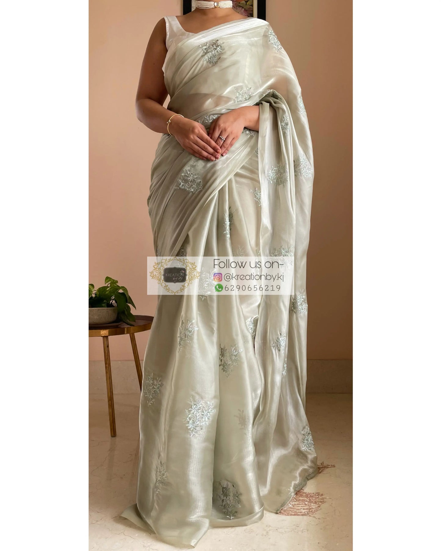 Ash Green Glass Organza Saree with Embroidery kreationbykj