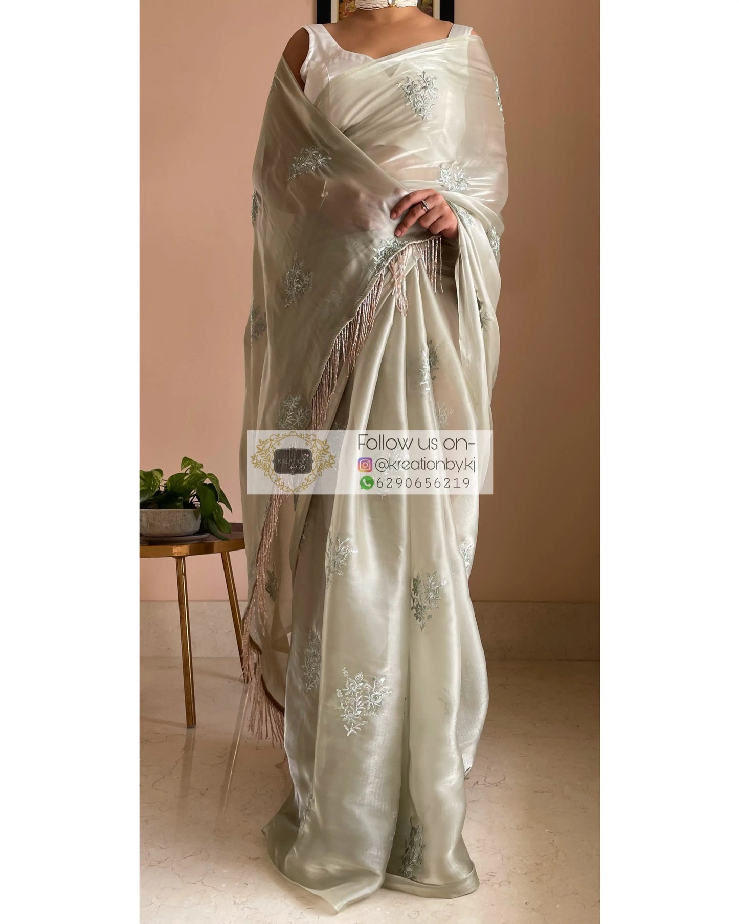 Ash Green Glass Organza Saree with Embroidery kreationbykj