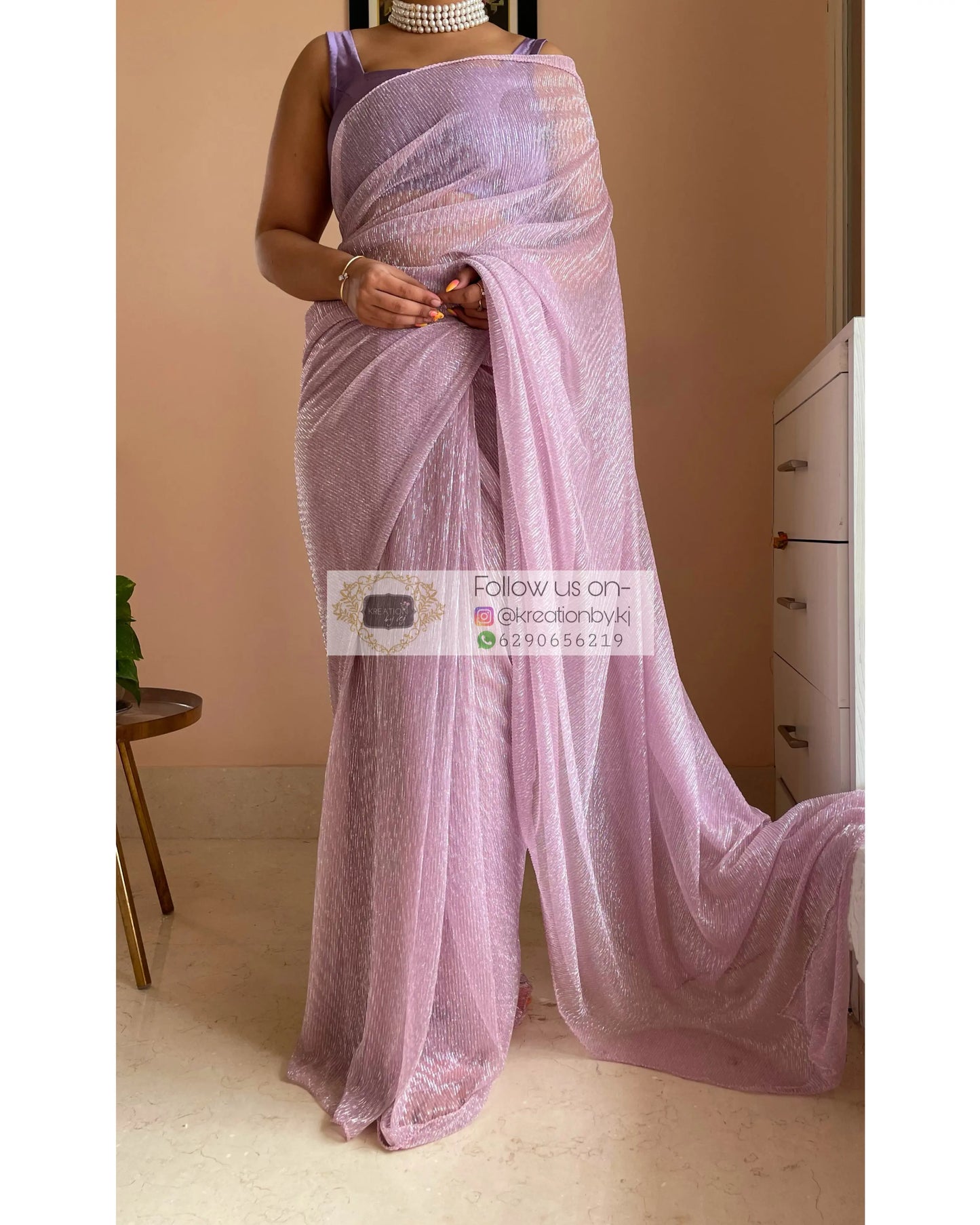 Lilac Shimmer Pleated Net Saree For Romantic Date kreationbykj