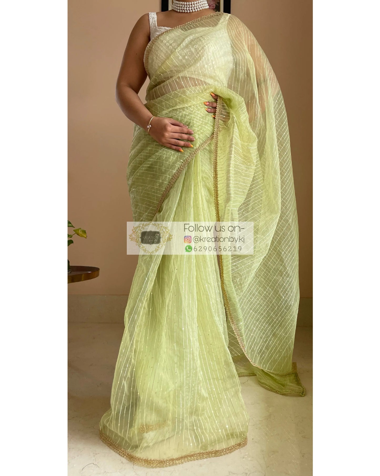 Green Organza Saree with Stripes