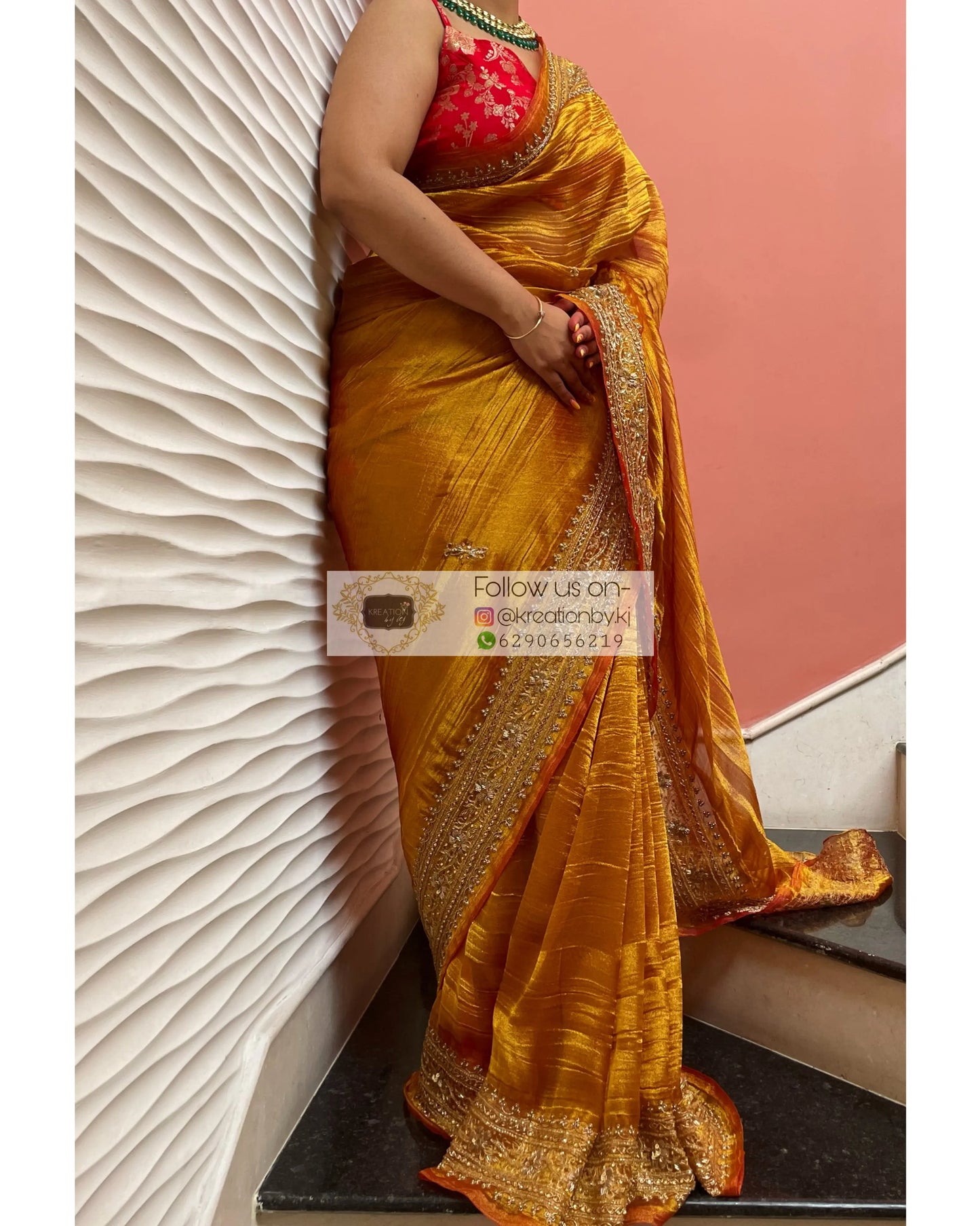 Fiery Gold Zari Tissue Zarina Saree kreationbykj