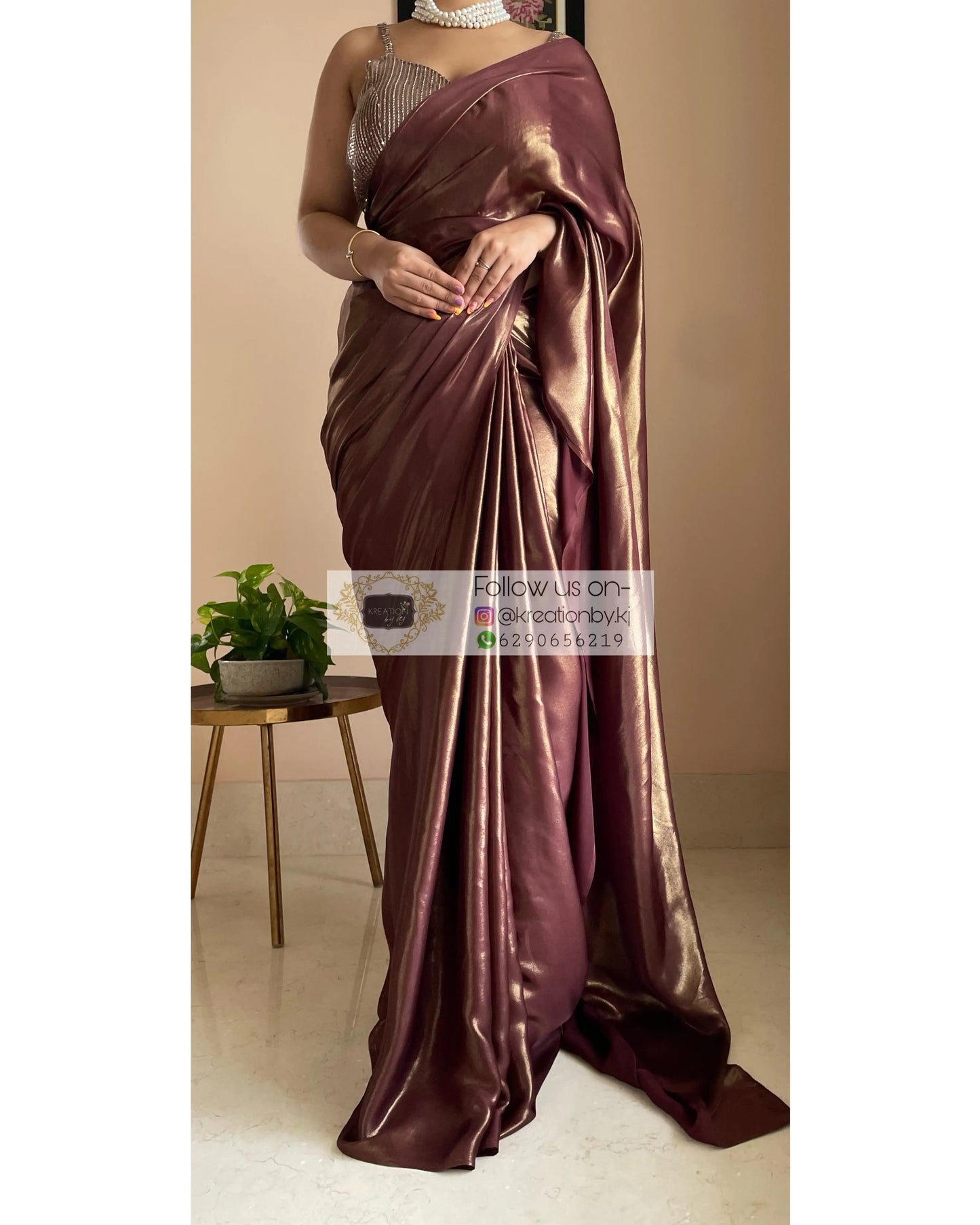 Molten Chocolate Brown Shimmer Satin Saree kreationbykj