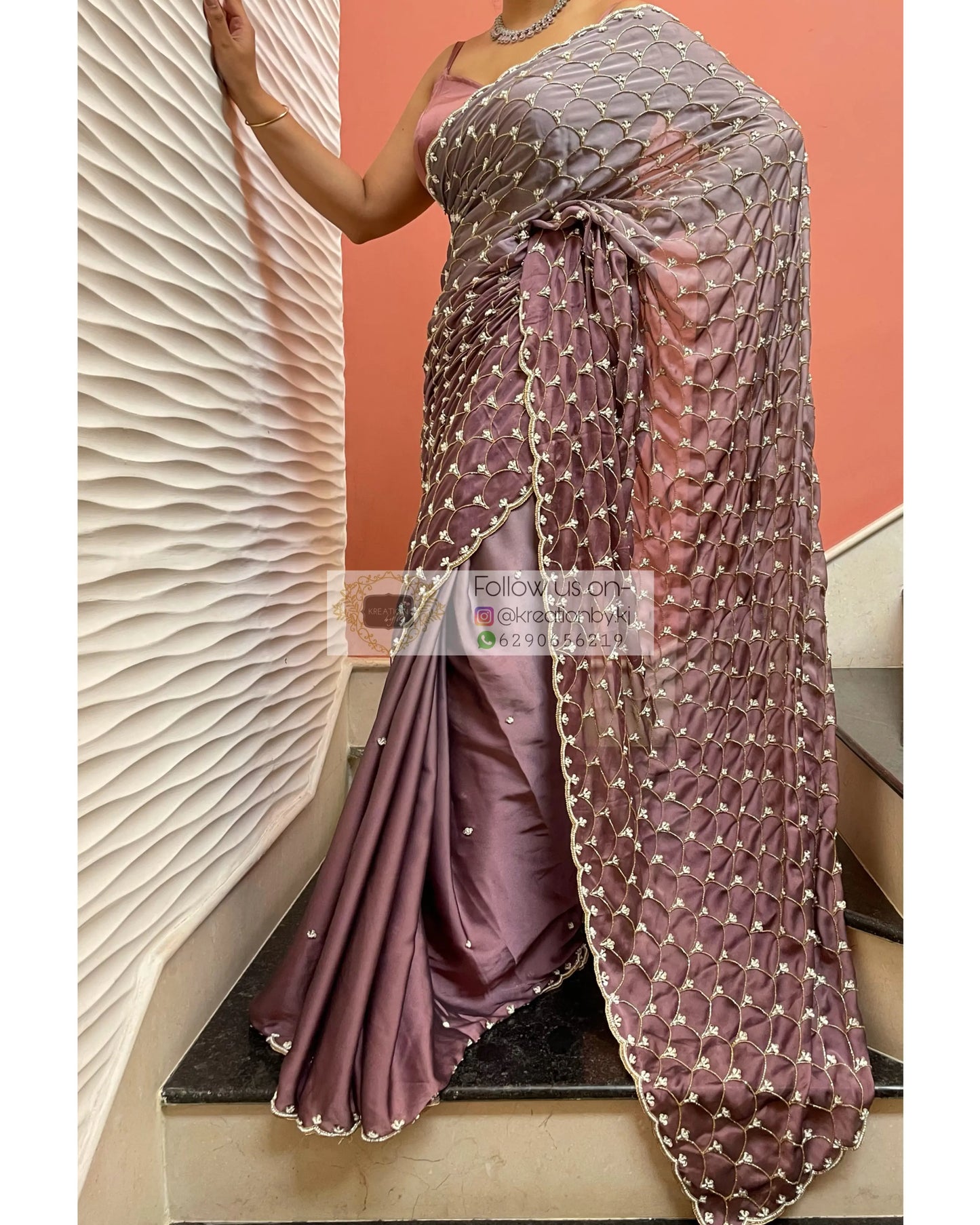 Grey- Mauve Ombré Cutdana Mehraab Jaal Cocktail Saree kreationbykj