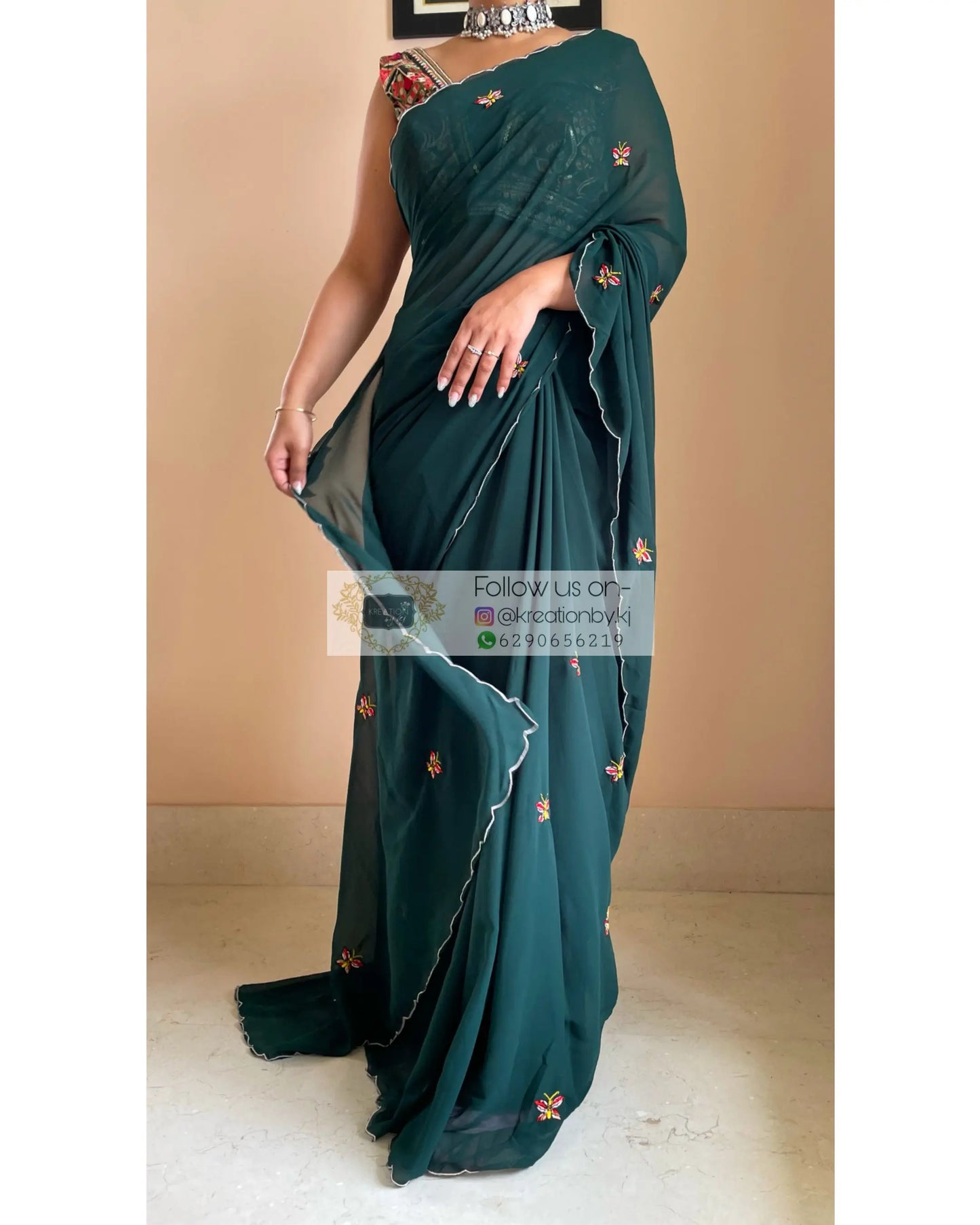 Bottle Green Butterflies on A Fence Saree - kreationbykj