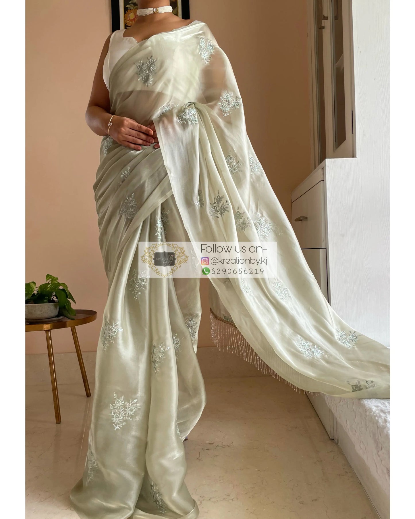 Ash Green Glass Organza Saree with Embroidery kreationbykj