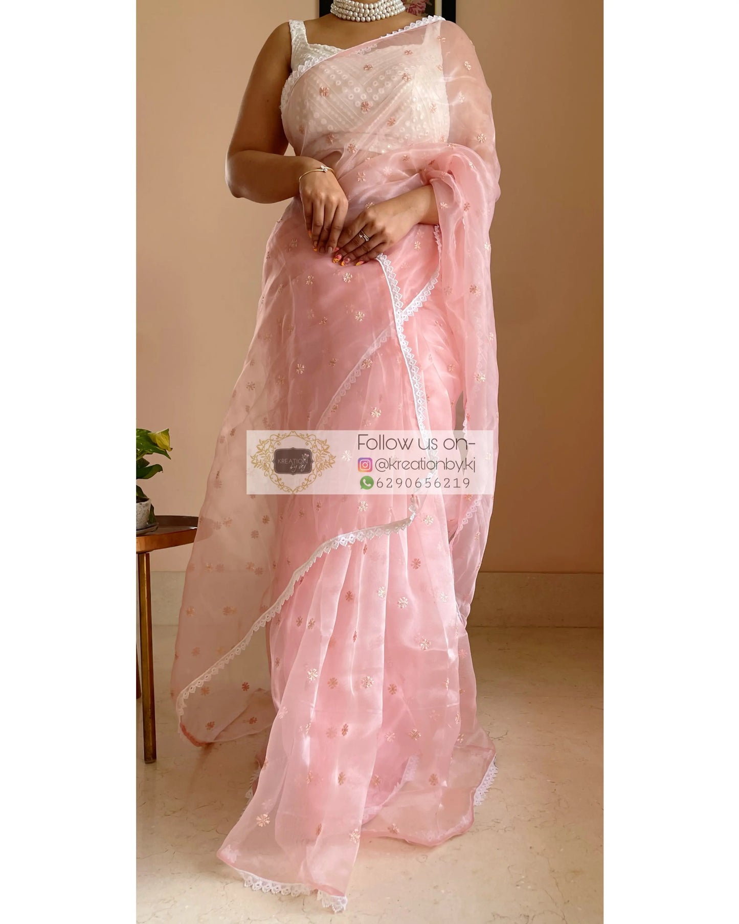 Pale Pink Falling For You Organza Saree kreationbykj