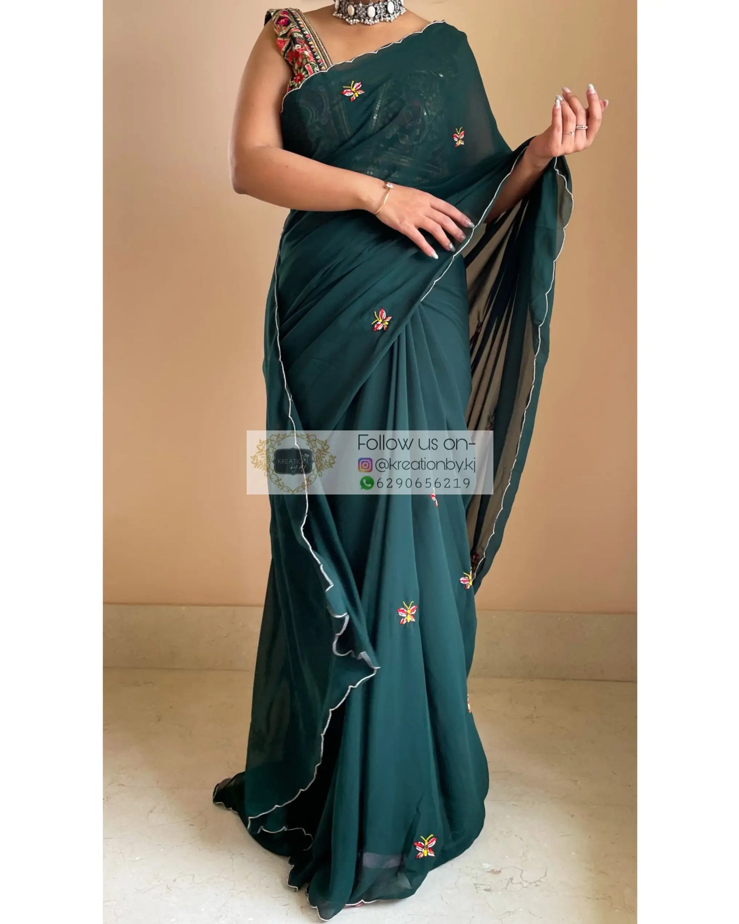 Bottle Green Butterflies on A Fence Saree - kreationbykj