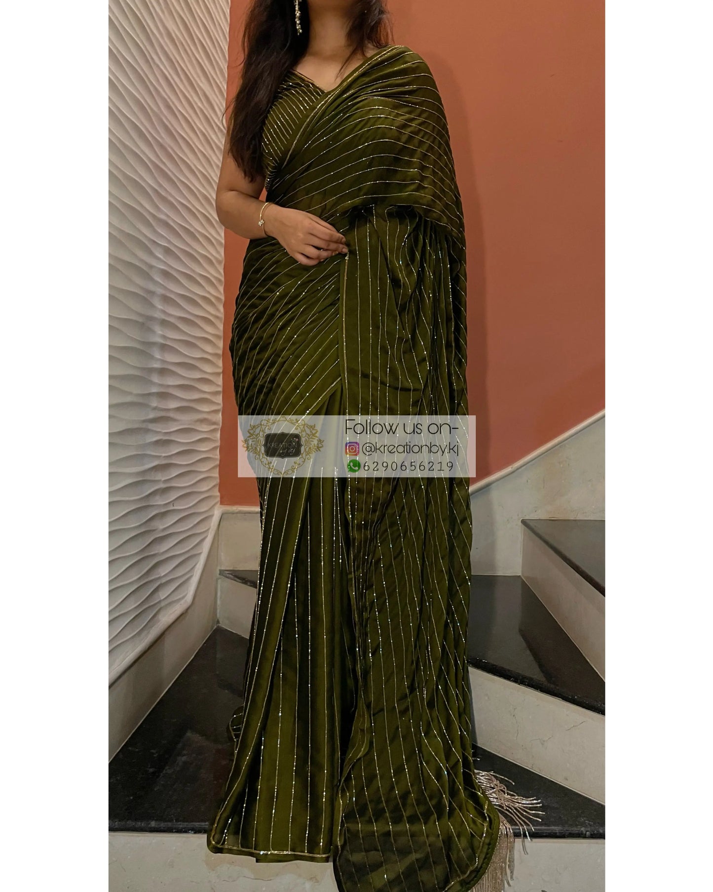 Olive Green Georgette Noorani Cocktail Saree kreationbykj