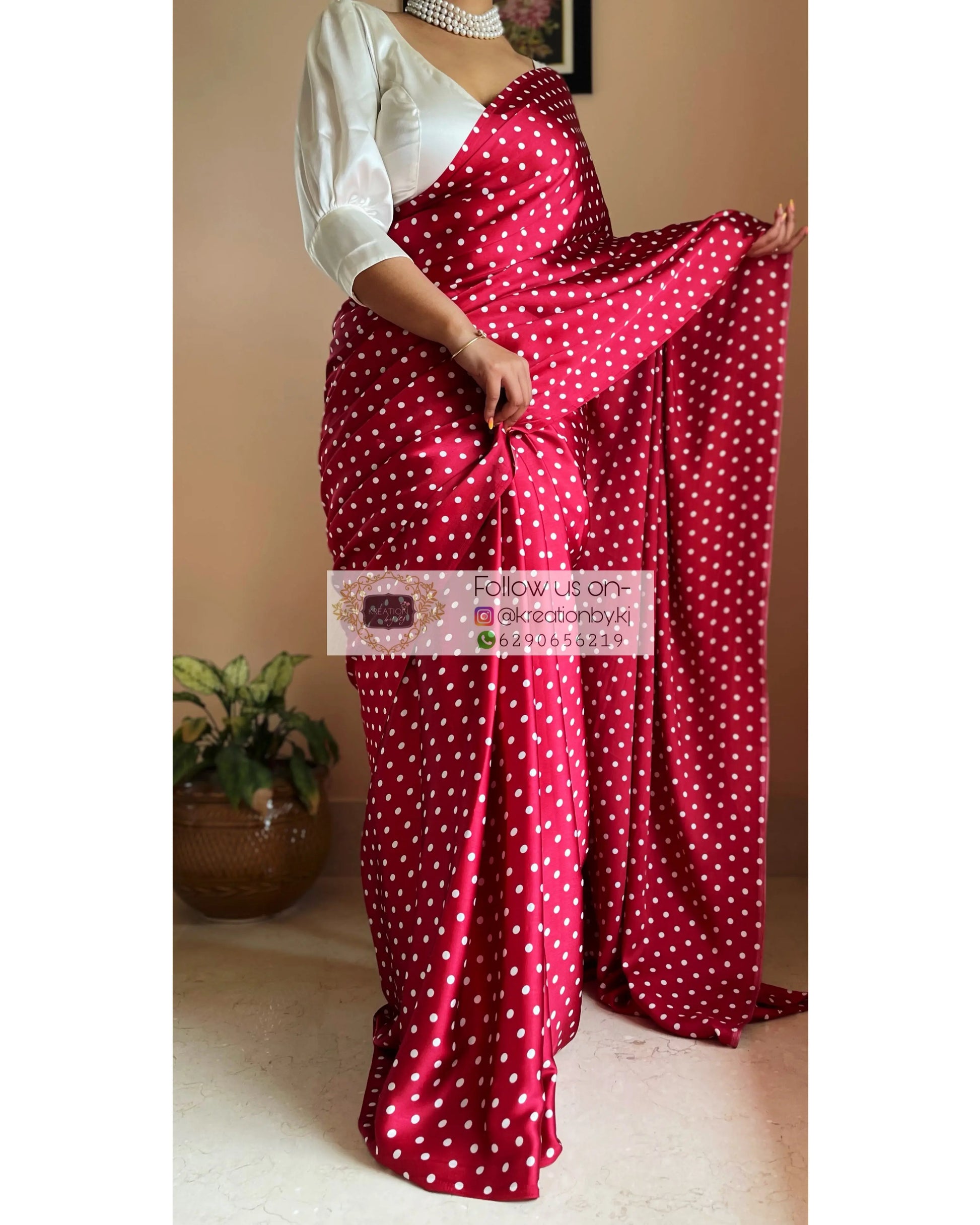 Maroon Polka Dot Satin Silk Saree kreationbykj
