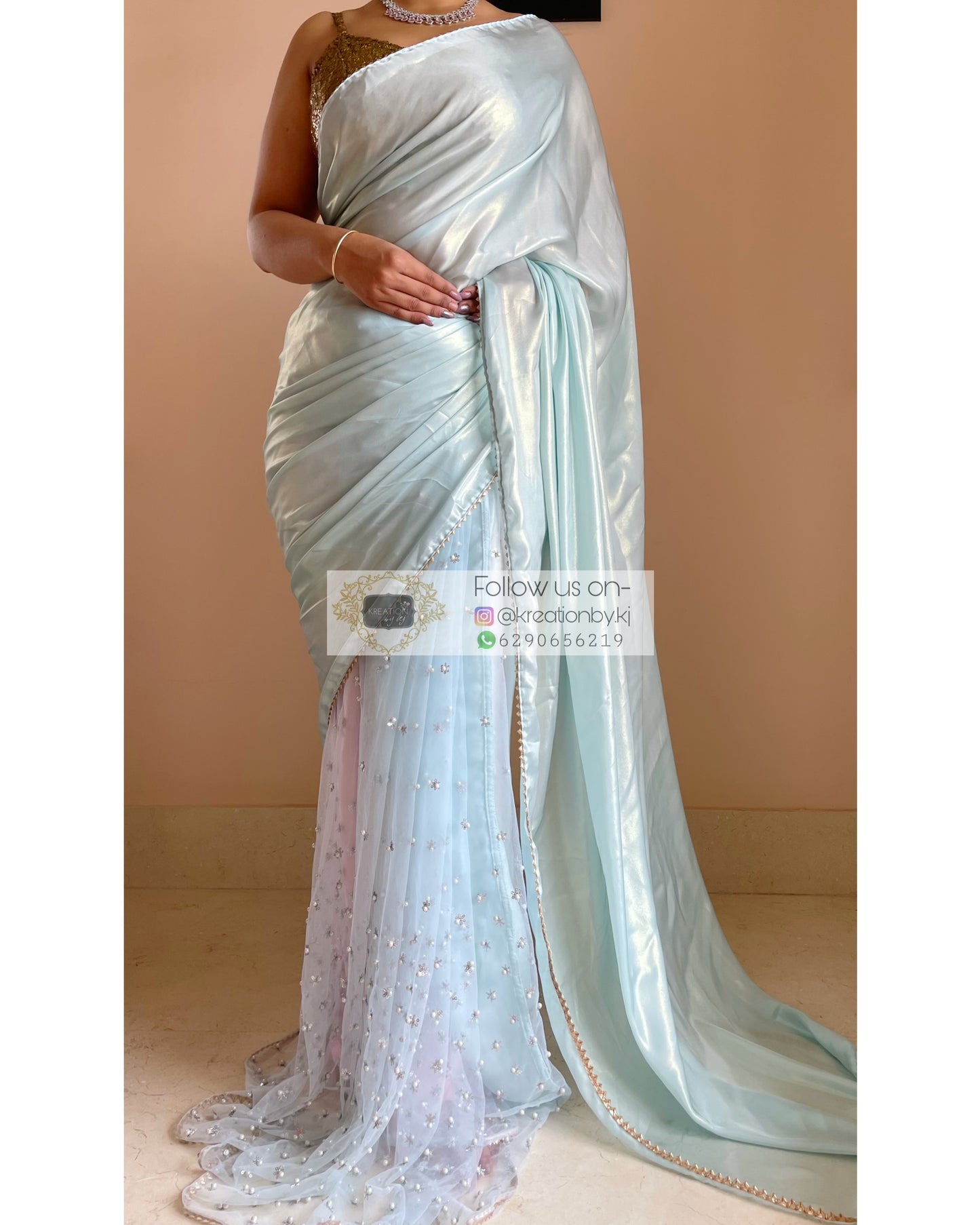 Ice Blue Shimmer Sequins Saree - kreationbykj