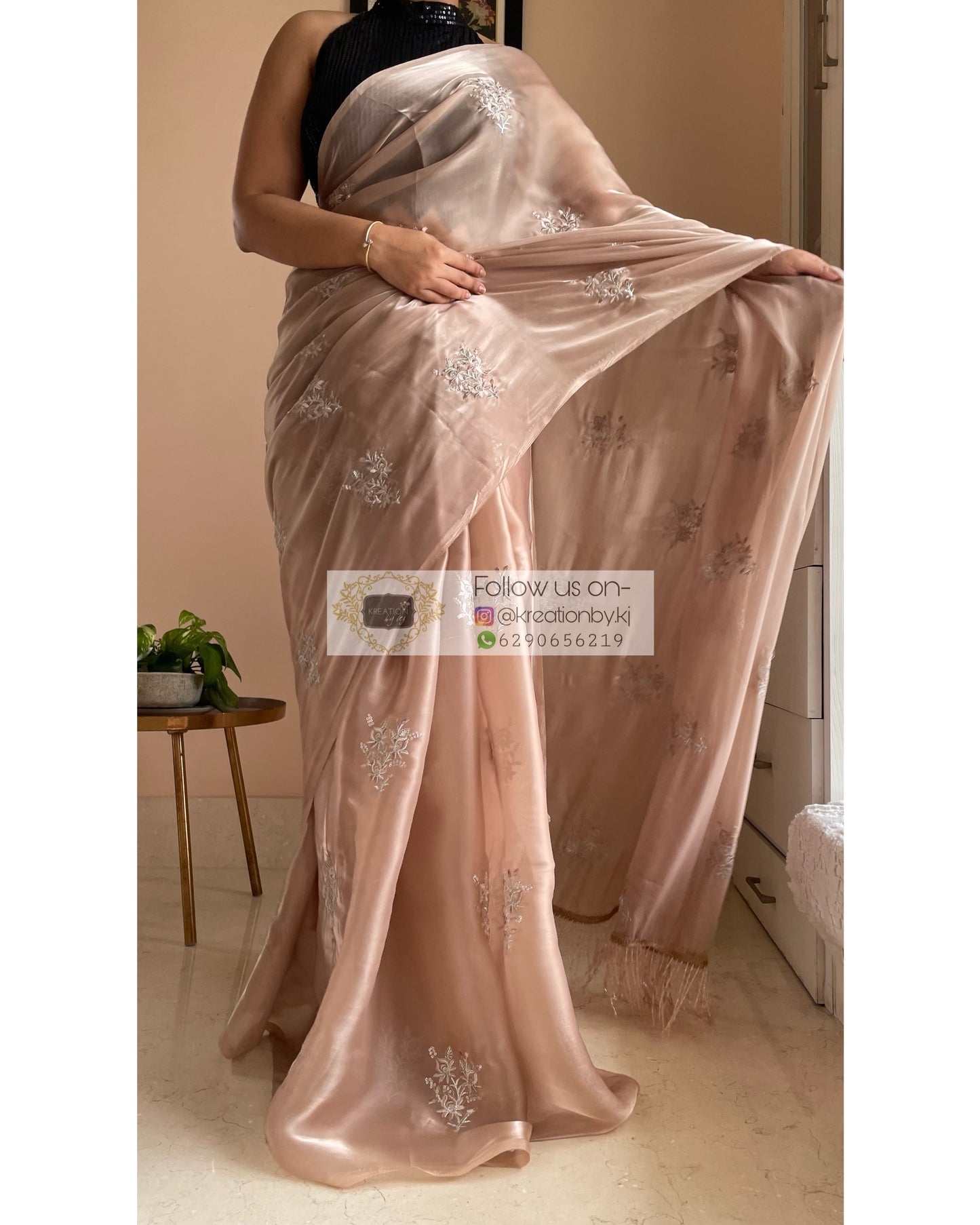 Beige Glass Organza Saree with Embroidery kreationbykj