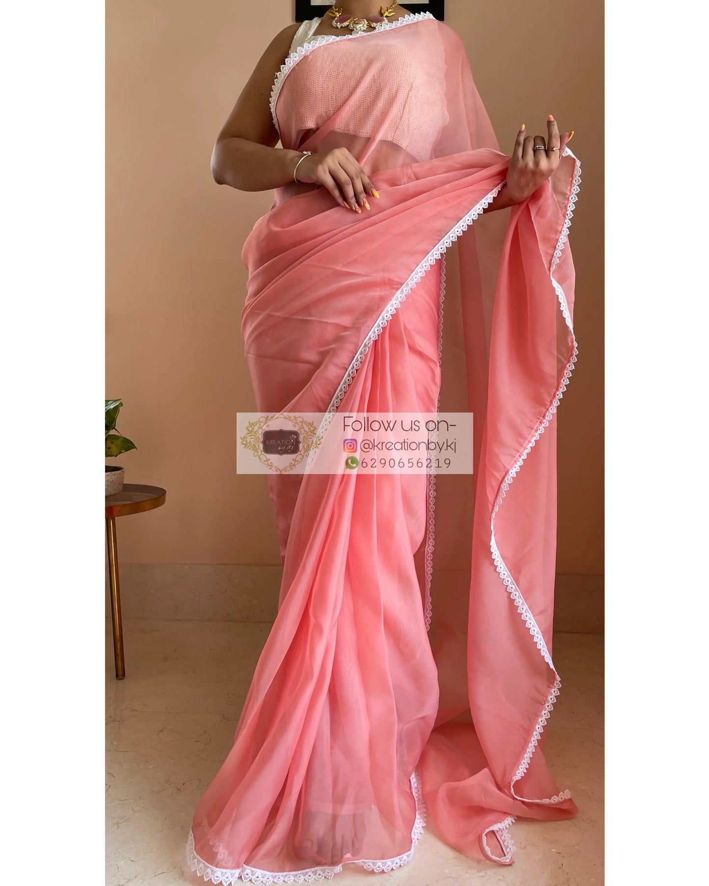 Peach Organza Saree with Pearl Blouse Piece kreationbykj
