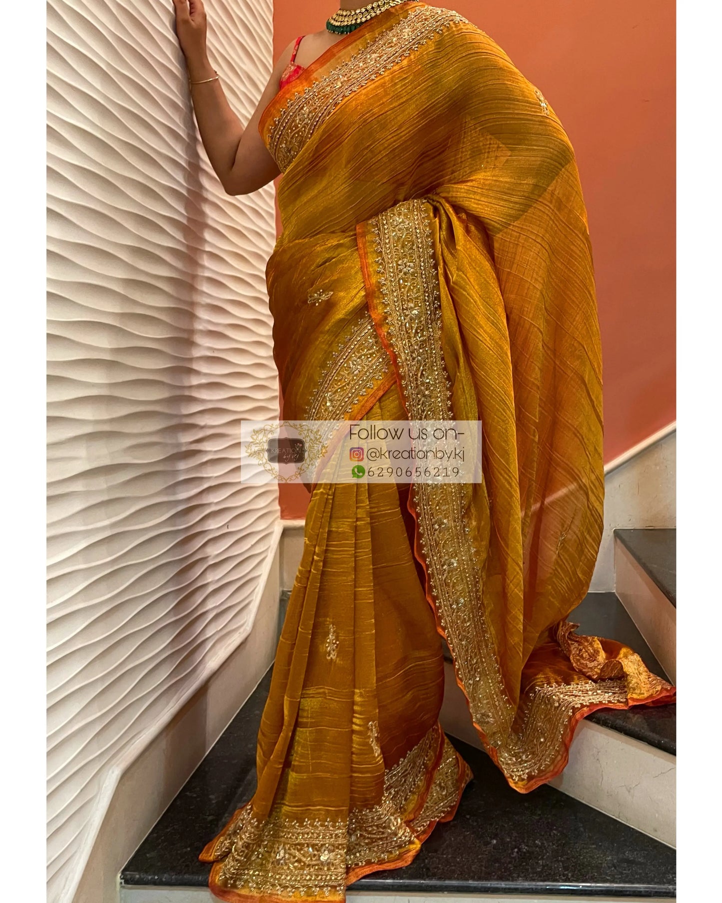 Fiery Gold Zari Tissue Zarina Saree kreationbykj