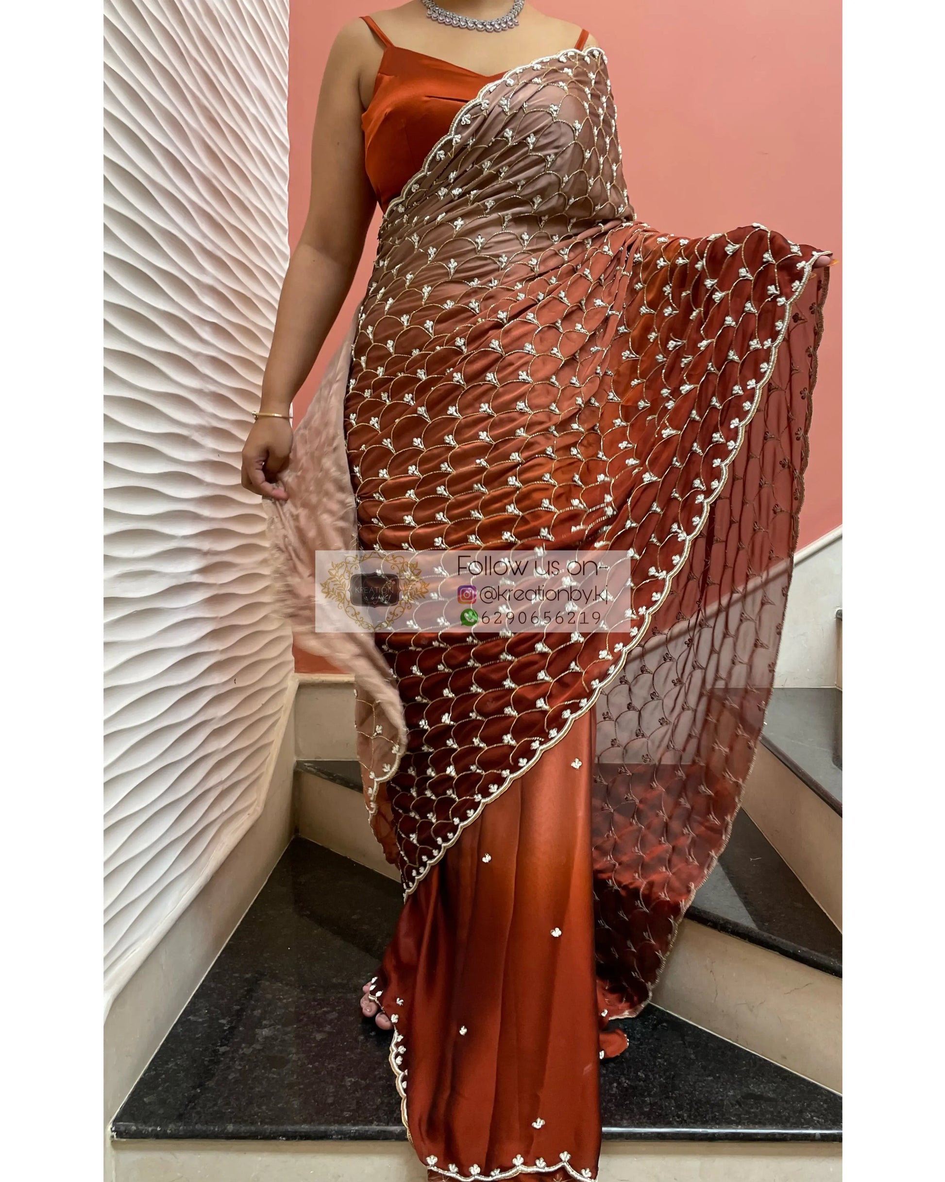 Espresso Martini Ombré Cutdana Mehraab Jaal  Designer Saree kreationbykj