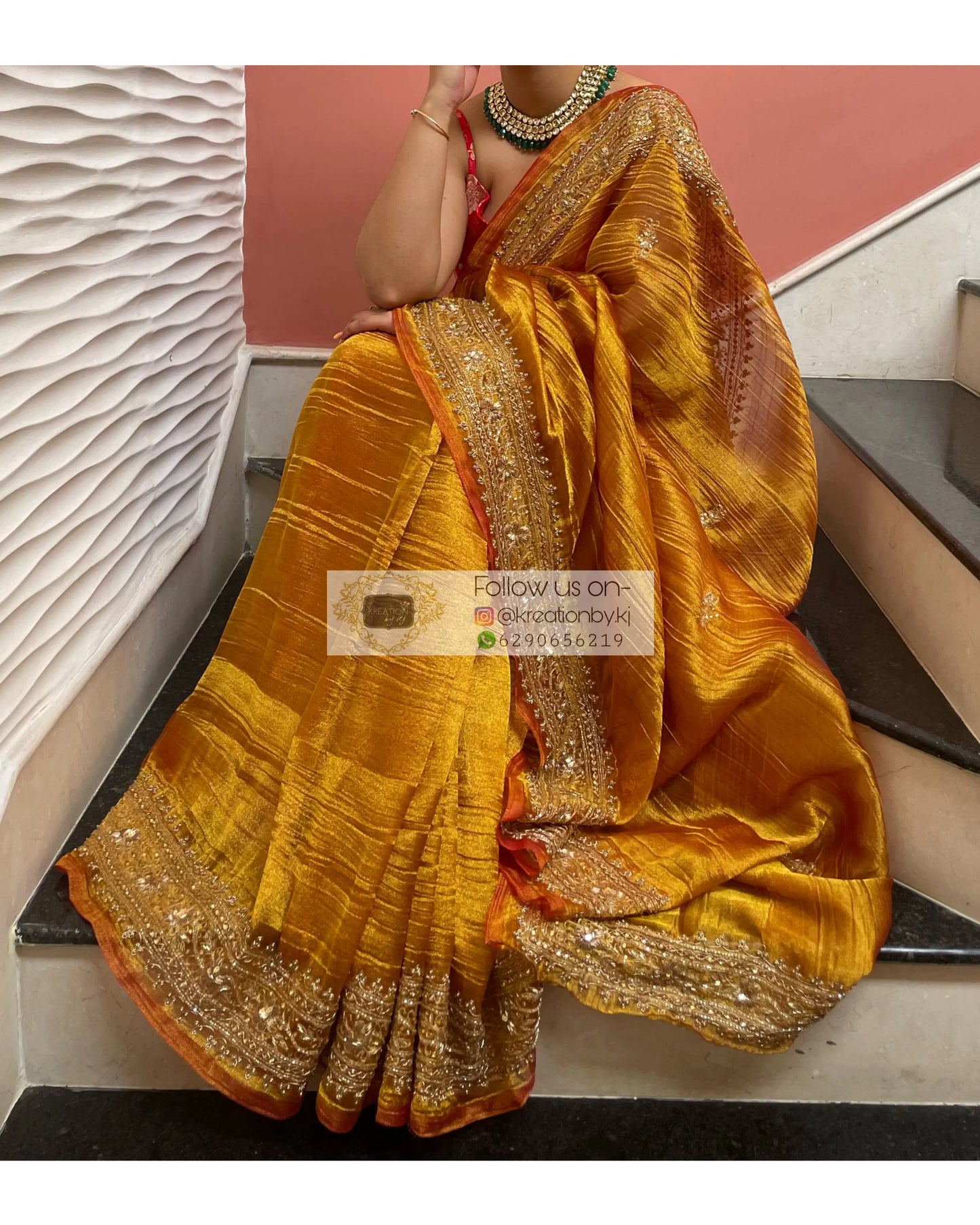 Fiery Gold Zari Tissue Zarina Saree kreationbykj
