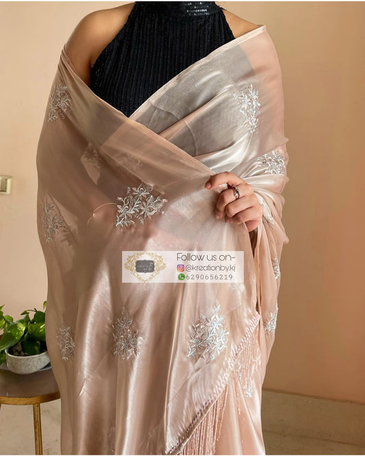 Beige Glass Organza Saree with Embroidery kreationbykj