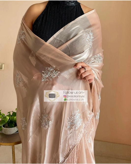 Beige Glass Organza Saree with Embroidery kreationbykj