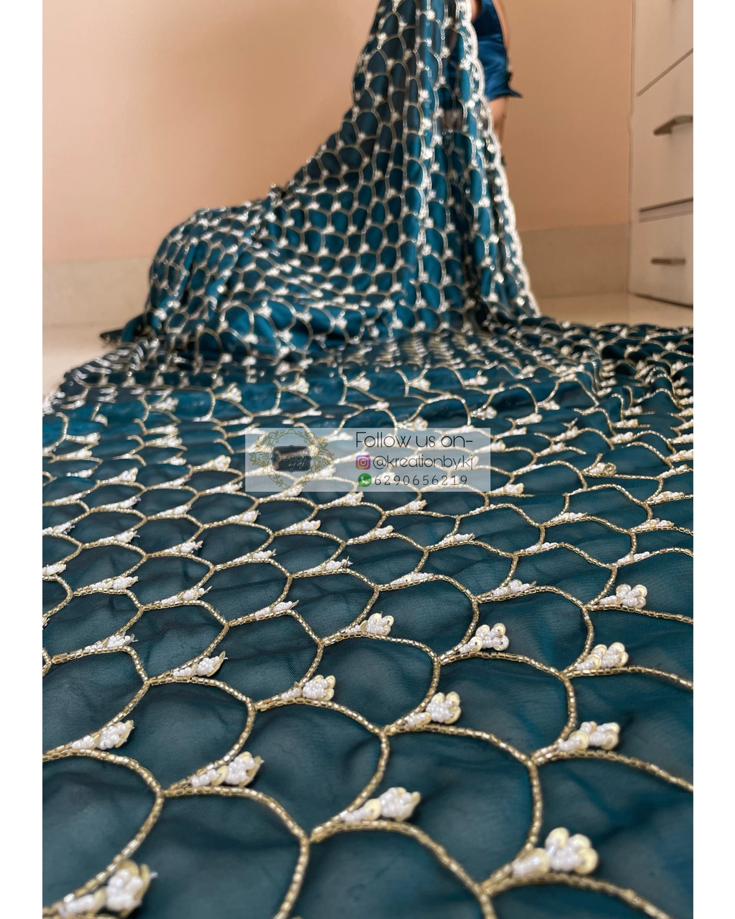 Teal Mehraab Cutdana Jaal Saree - kreationbykj