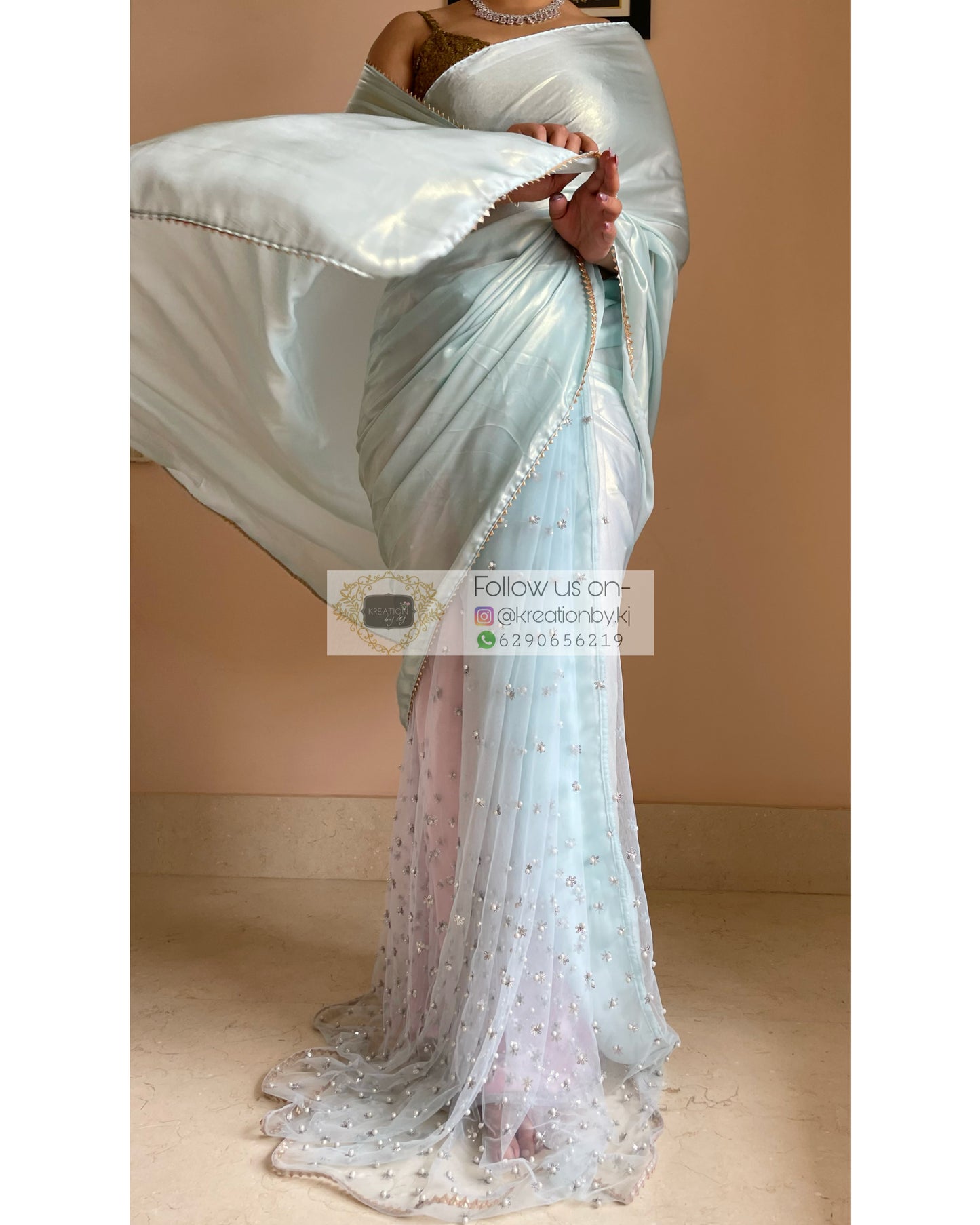 Ice Blue Shimmer Sequins Saree - kreationbykj