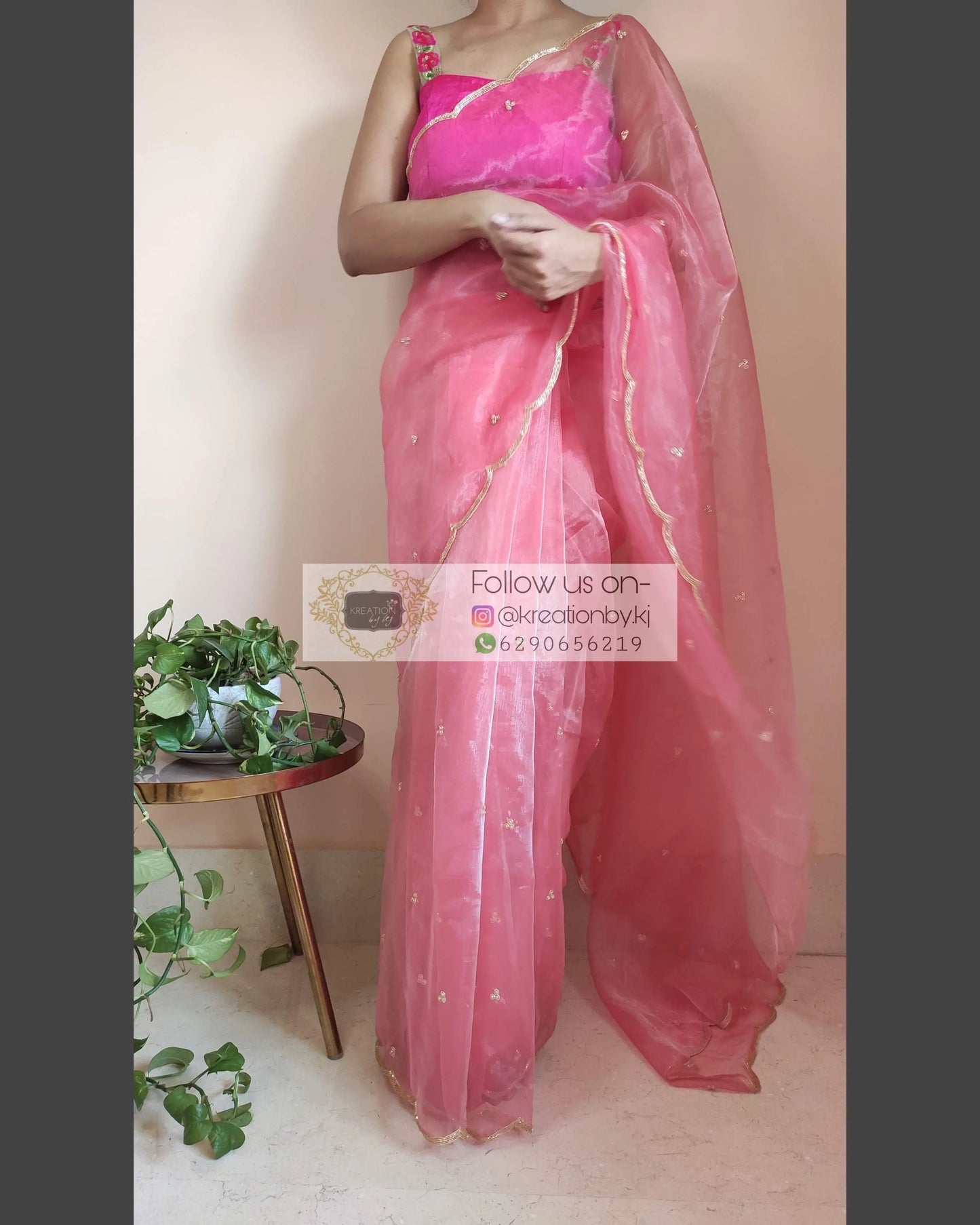 Peach Glass Tissue Saree with scalloping - kreationbykj