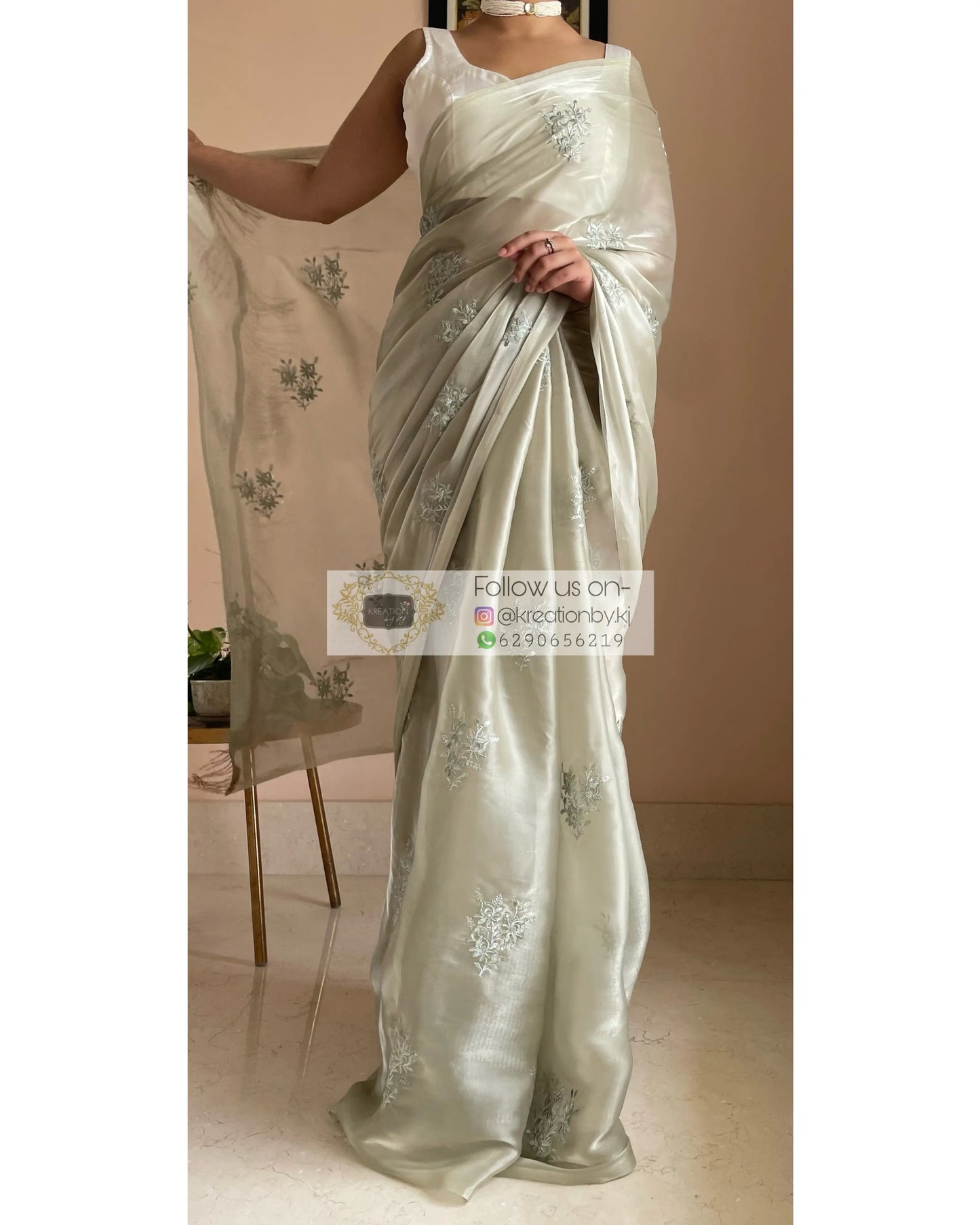 Ash Green Glass Organza Saree with Embroidery kreationbykj