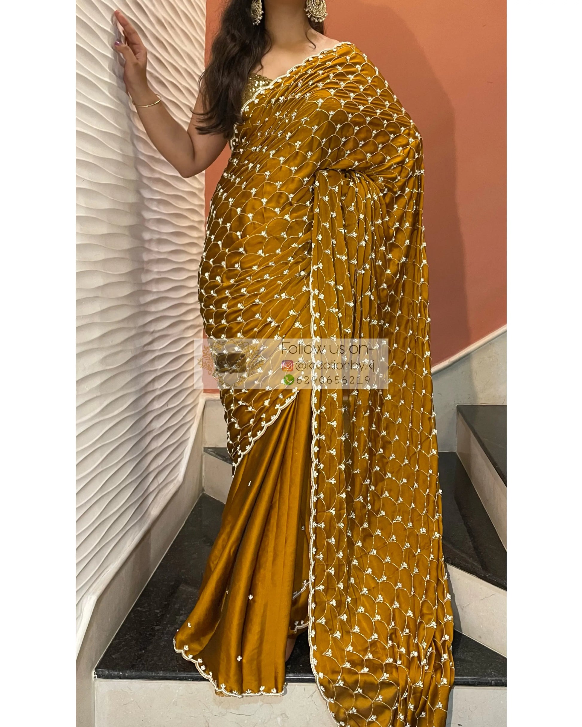 Mustard Golden Cutdana Mehraab Jaal Saree for Haldi kreationbykj