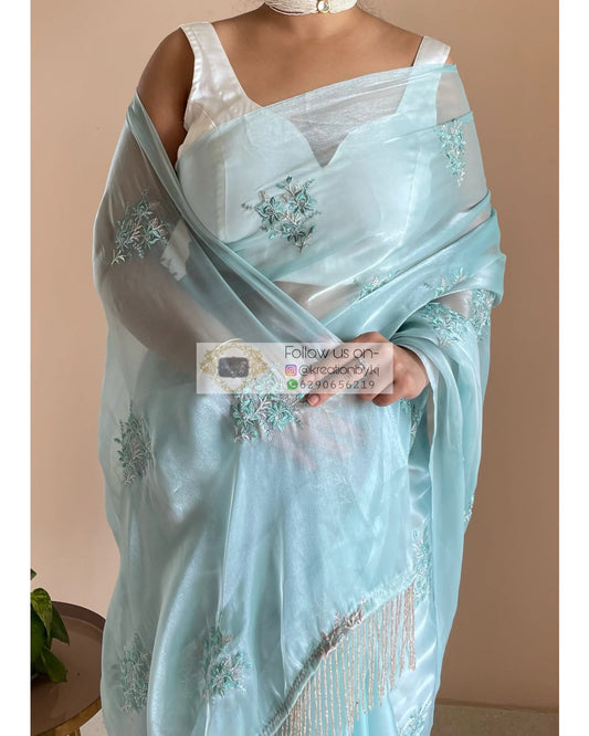 Blue Glass Organza Saree with Embroidery kreationbykj