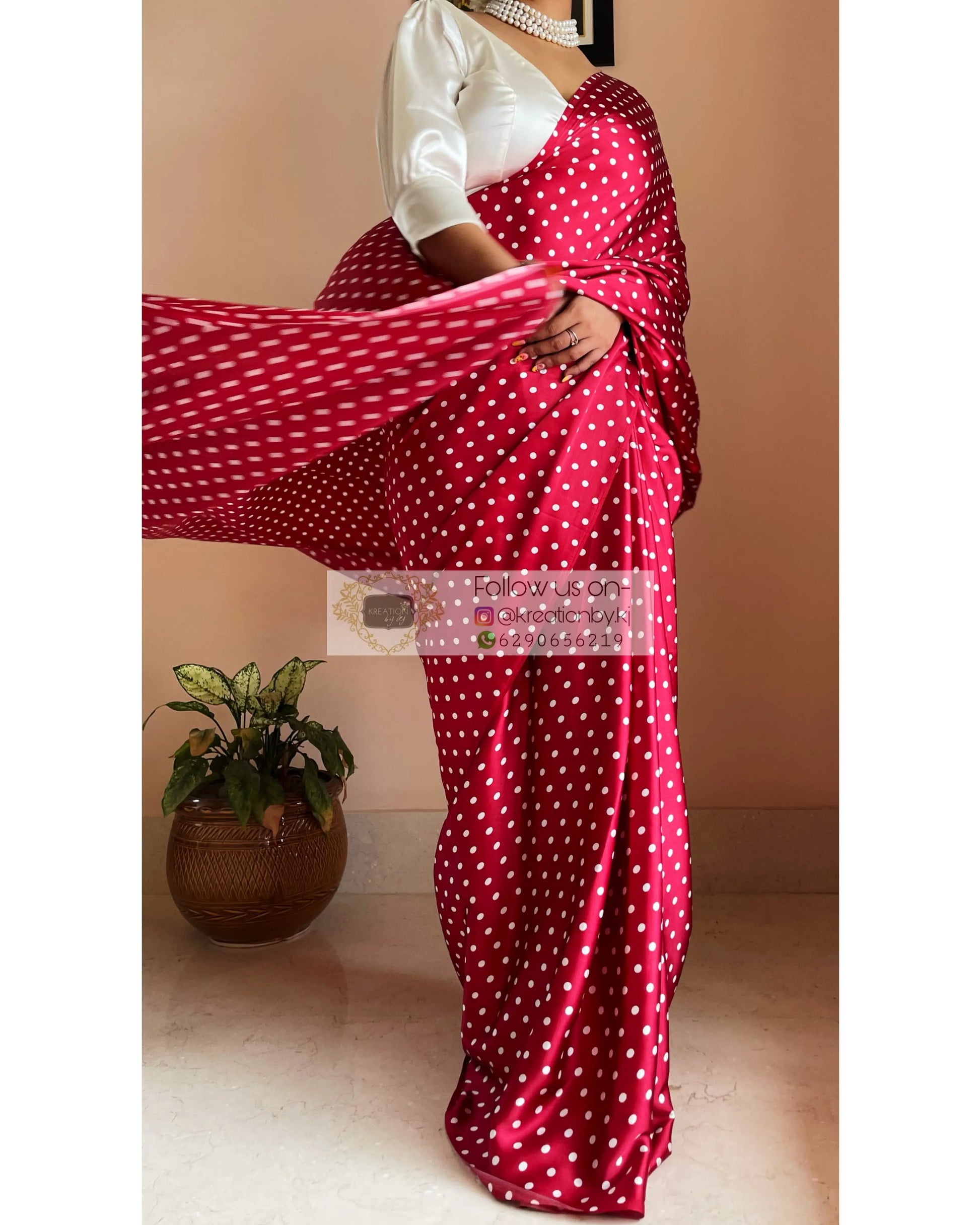 Maroon Polka Dot Satin Silk Saree kreationbykj