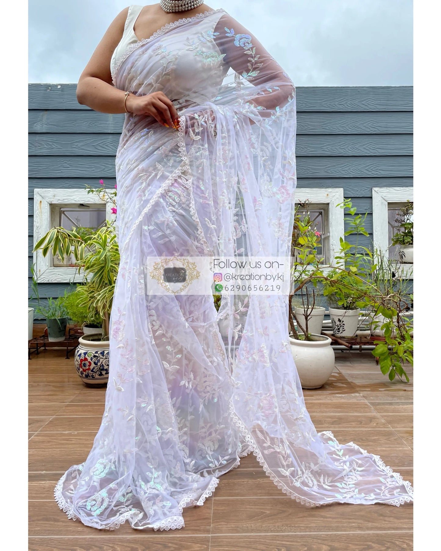 White Bahar e Gul Net Saree kreationbykj