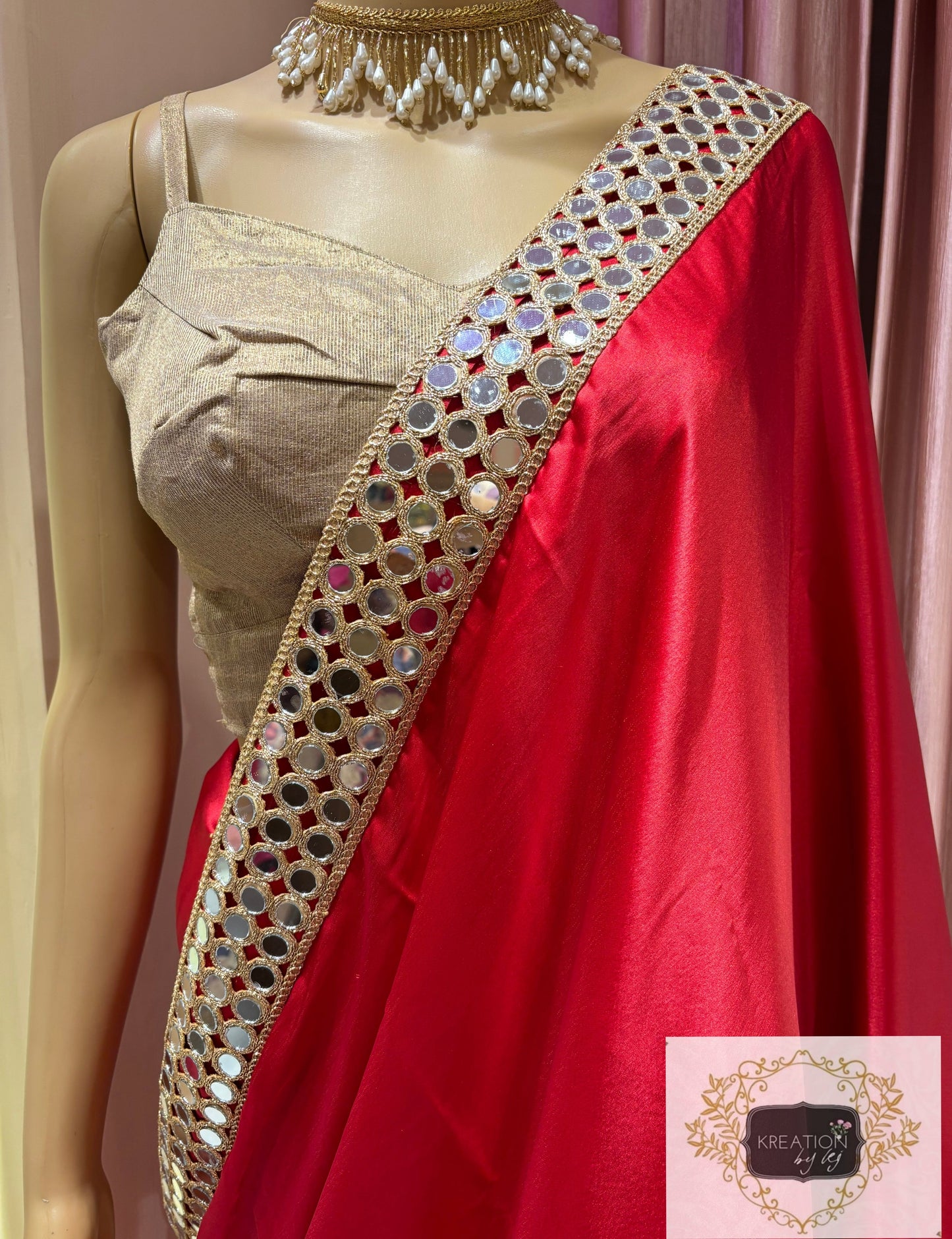 Crimson Red Satin Silk Saree with Mirror Border kreationbykj