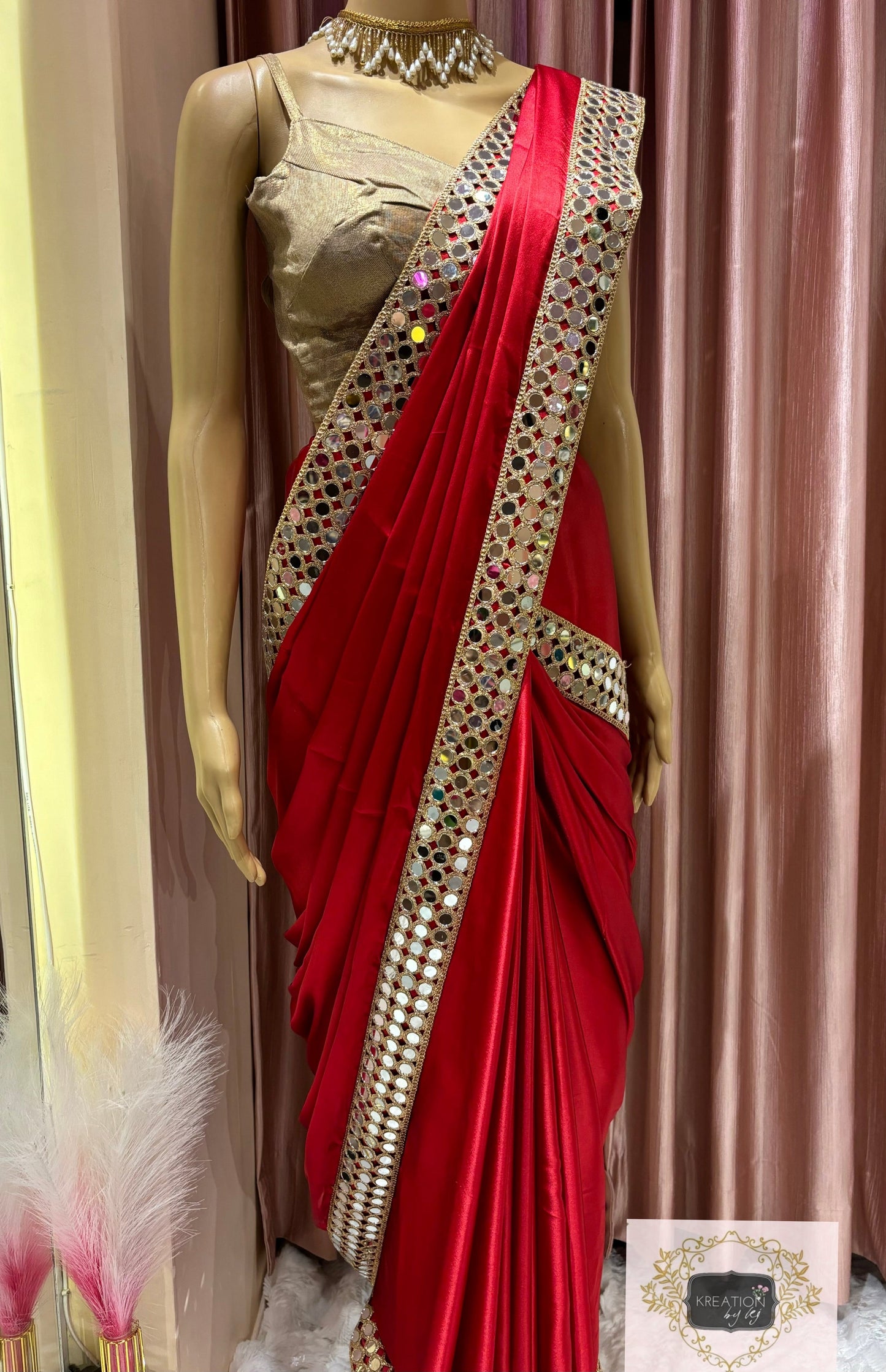 Crimson Red Satin Silk Saree with Mirror Border kreationbykj