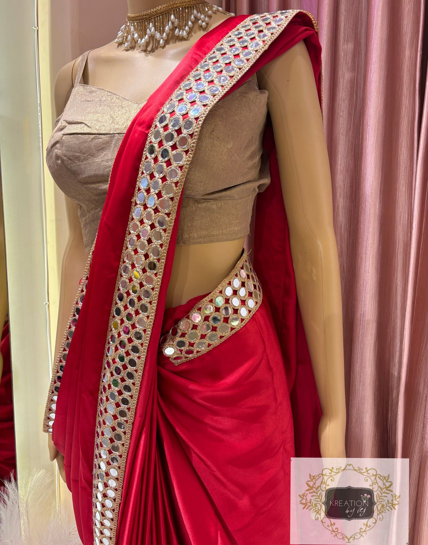 Crimson Red Satin Silk Saree with Mirror Border kreationbykj