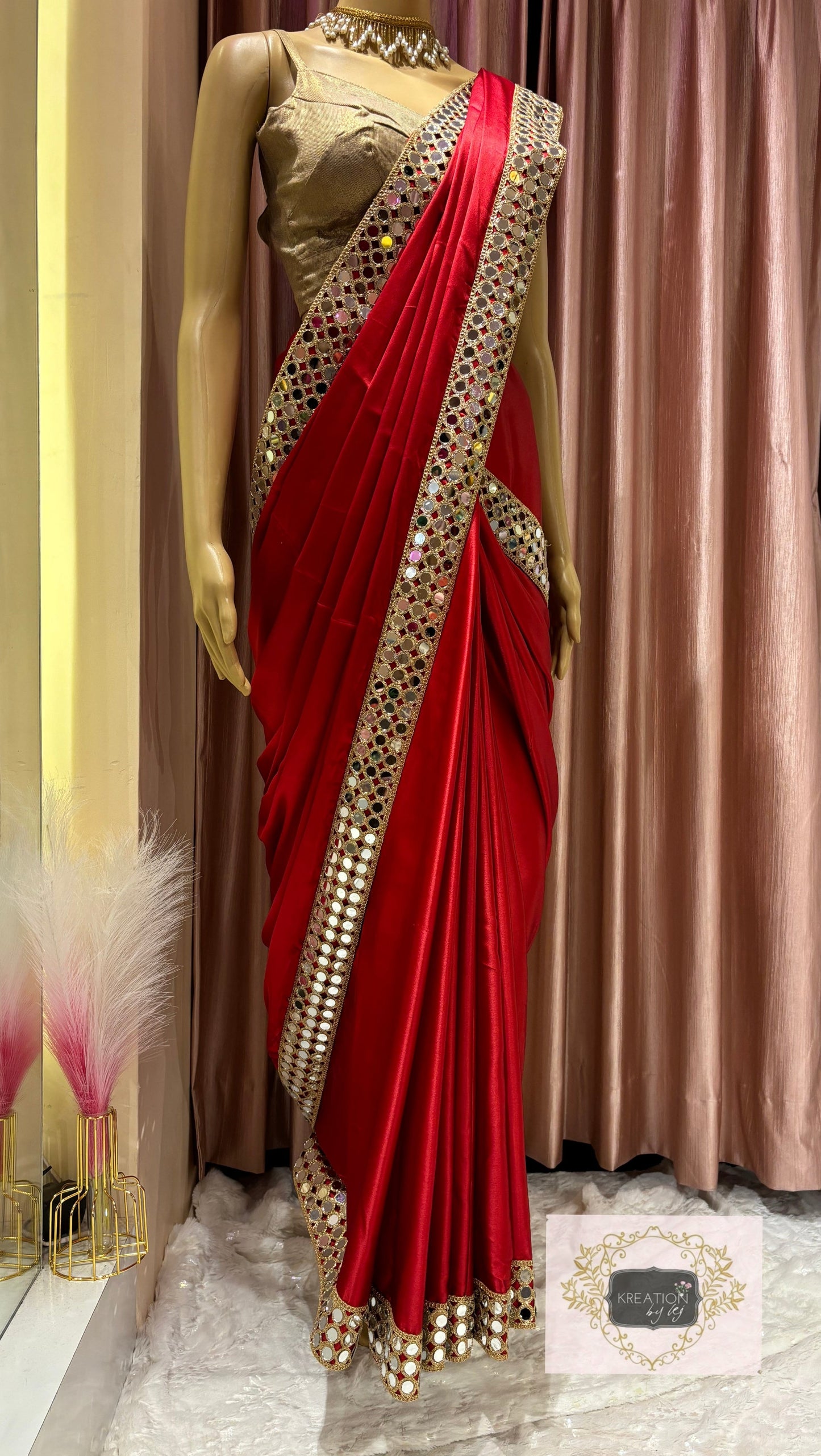 Crimson Red Satin Silk Saree with Mirror Border kreationbykj