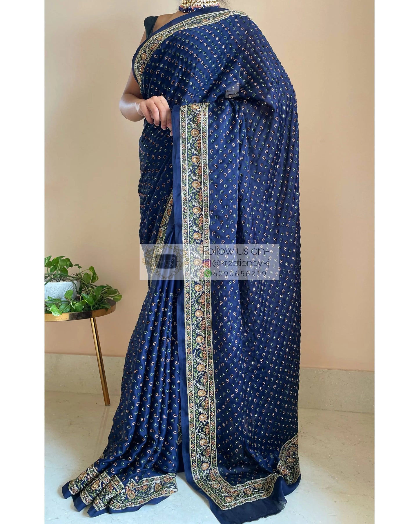 Navy Blue Bridal Handembroidered Saree - kreationbykj